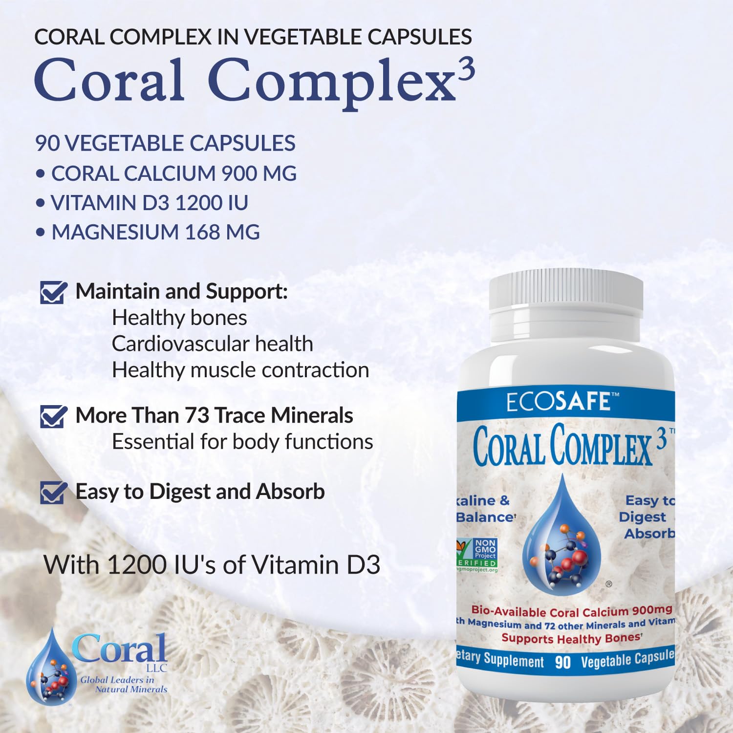 Coral White comprimidos calcio bio disponible para digestión suave.