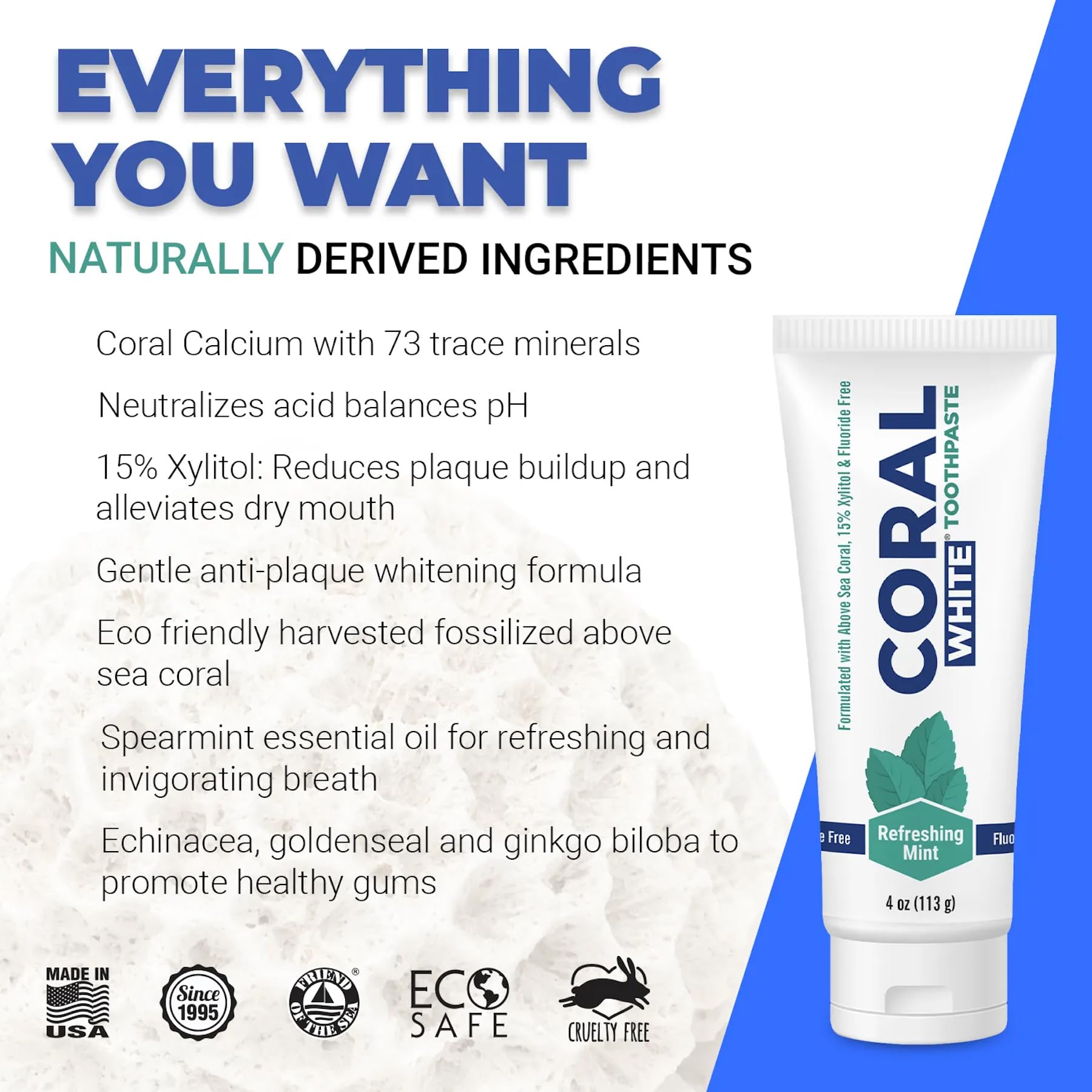 Coral White empaque doble con menta, ideal para uso familiar diario.