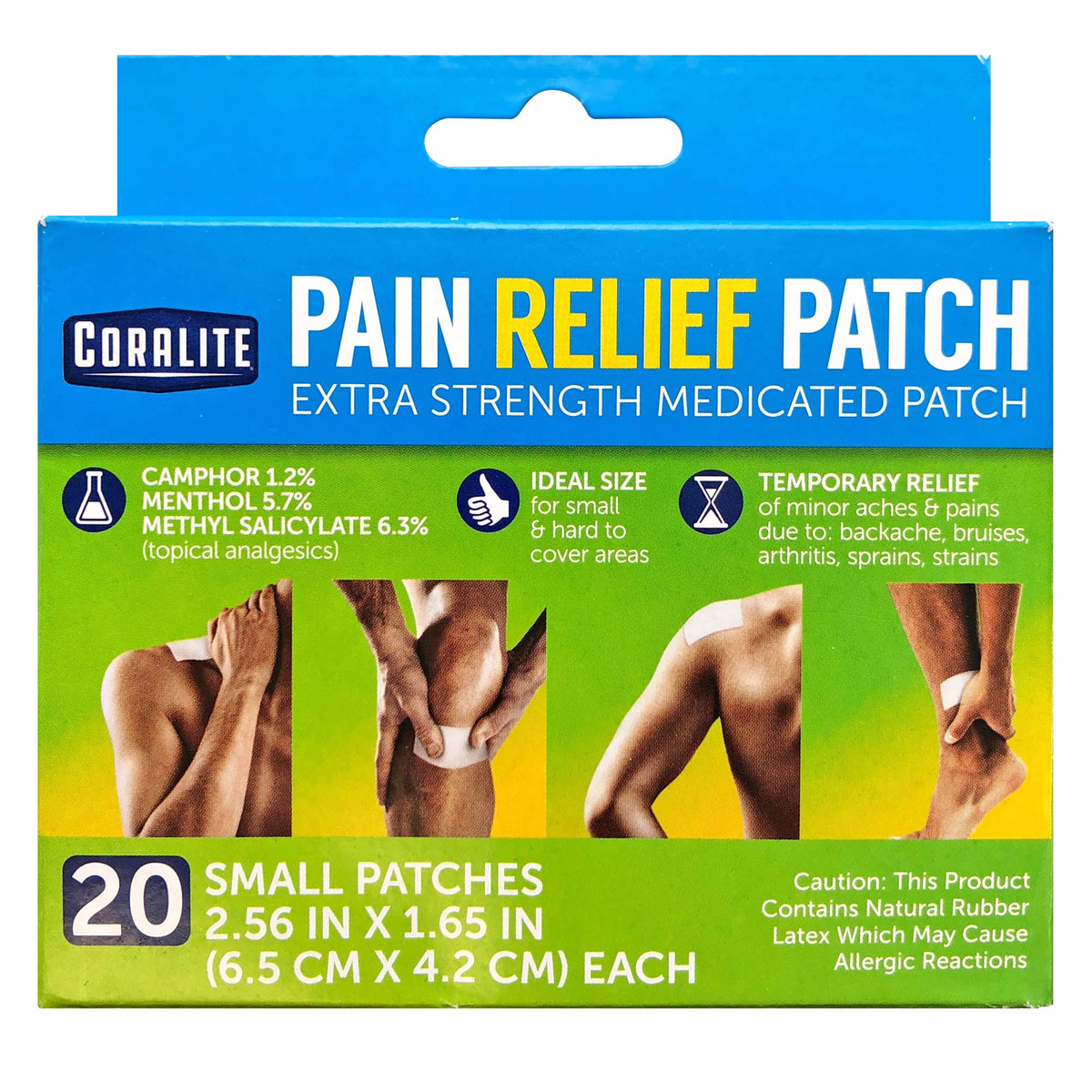 Parche Coralite para alivio de dolor muscular con mentol, sensación fresca.