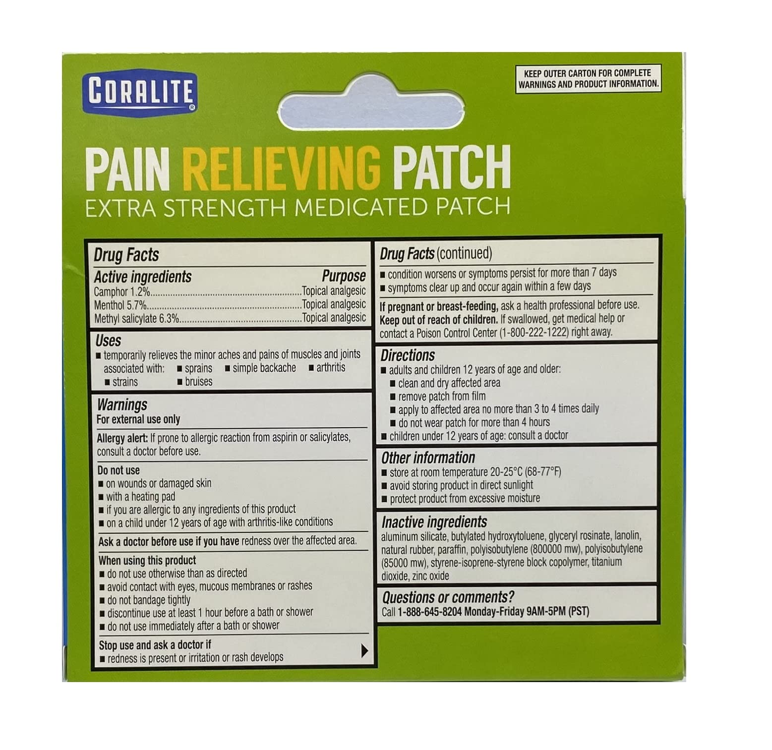 Coralite parche adhesivo para dolor muscular, uso cercano y alivio puntual.
