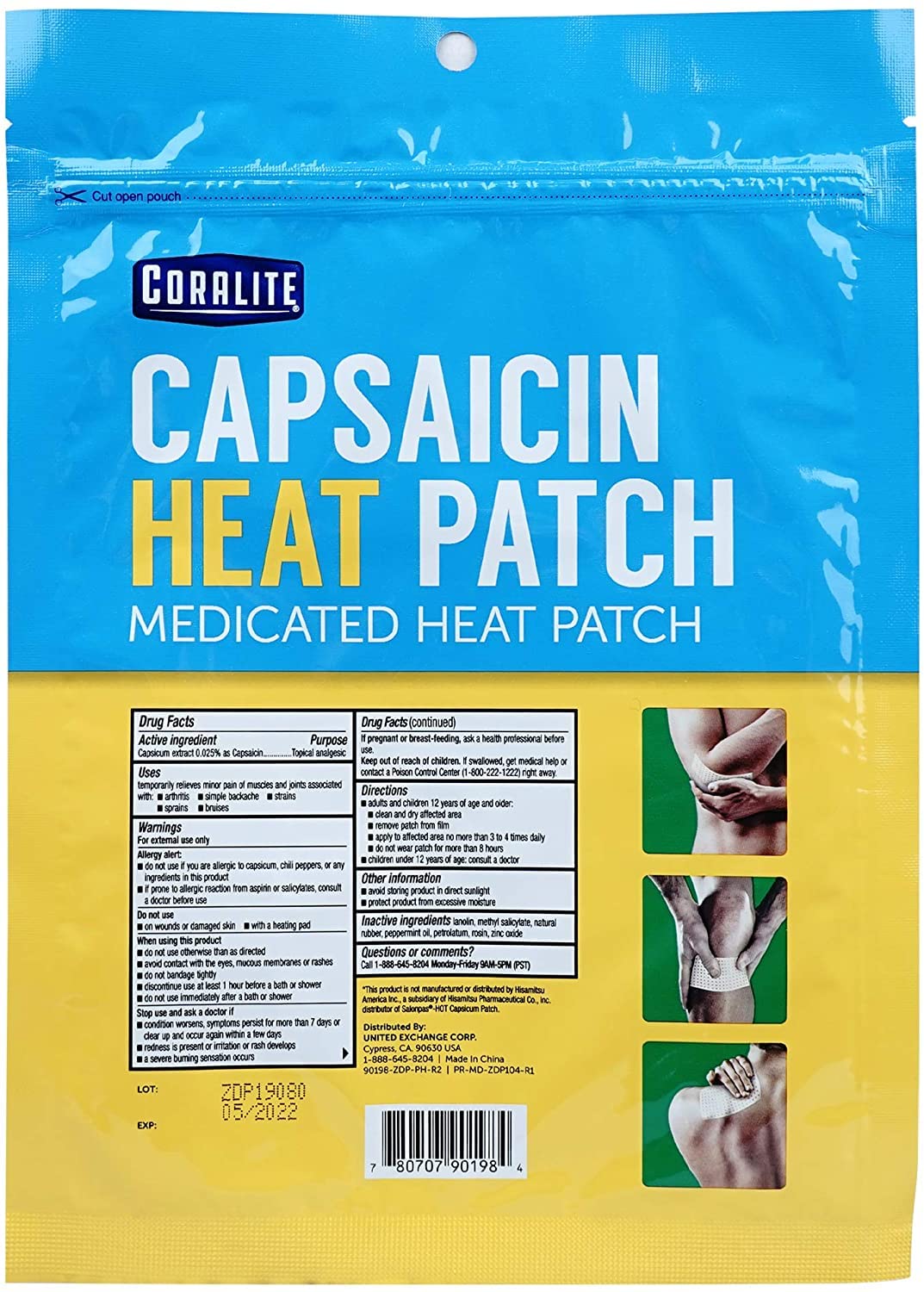 Coralite parche capsaicina caliente en empaque exterior para almacenamiento seguro.