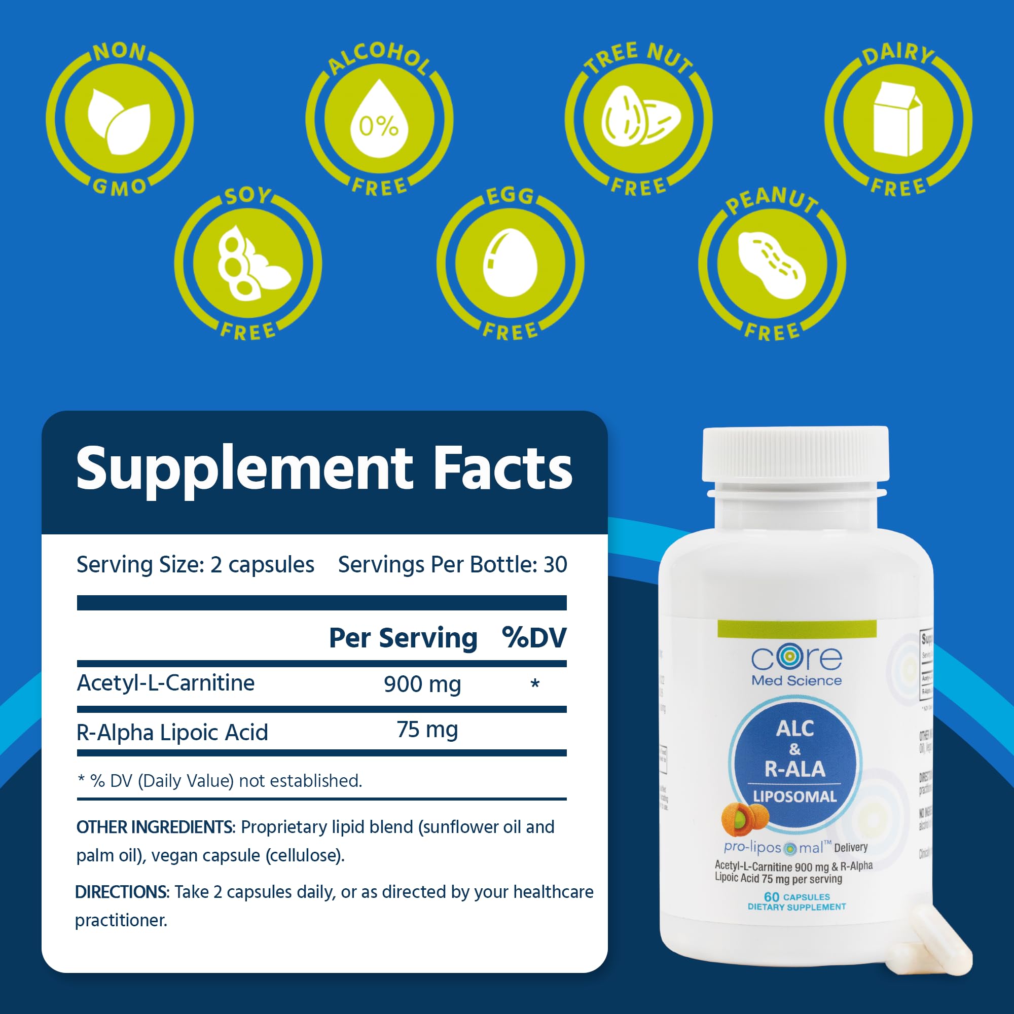 Cápsulas liposomales con ALC y R-ALA para apoyo de energía y claridad mental.