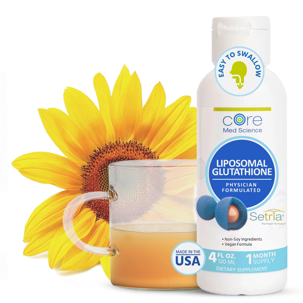 Botella de Core Med Science Glutatión liposomado para energía y bienestar diario.
