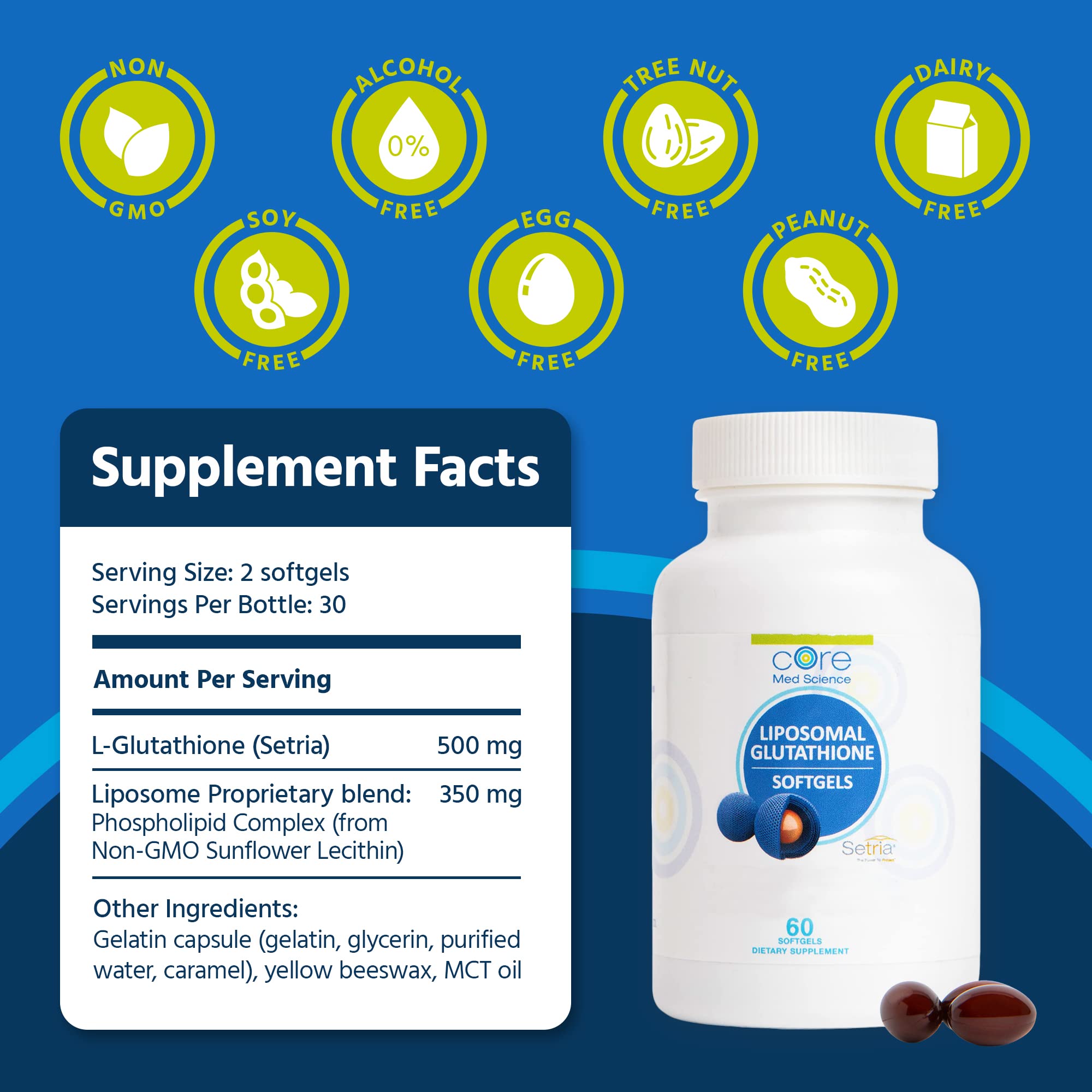 Etiqueta informativa de Core Med Science glutation liposomal con alérgenos claros