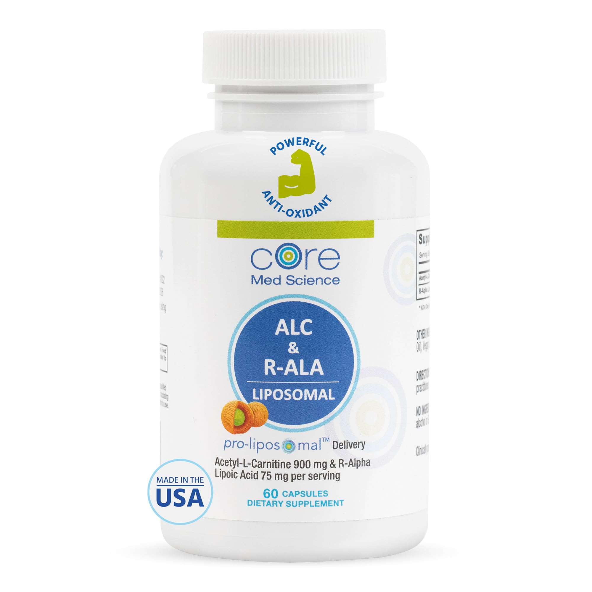 Core Med Science Liposomal ALC y R-ALA cápsulas sobre la mesa, potencian la energía cerebral.