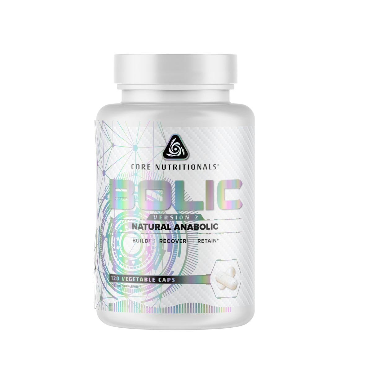 Core Nutritionals Bolic V2, botella de cápsulas vegetales, soporte para rendimiento y recuperación