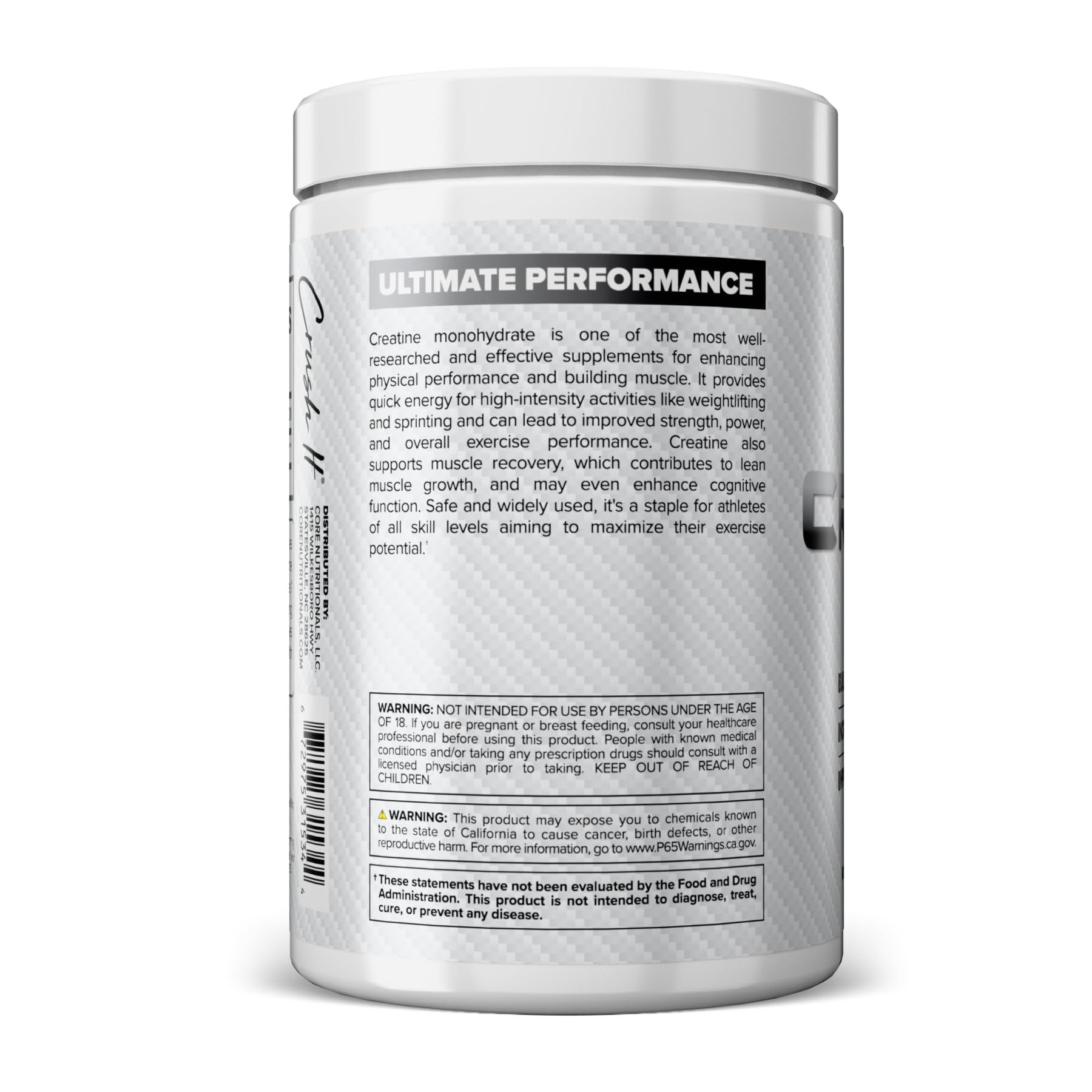 Core Nutritionals Creatina Monohidrato: etiqueta frontal que resalta sabor neutro y pureza.