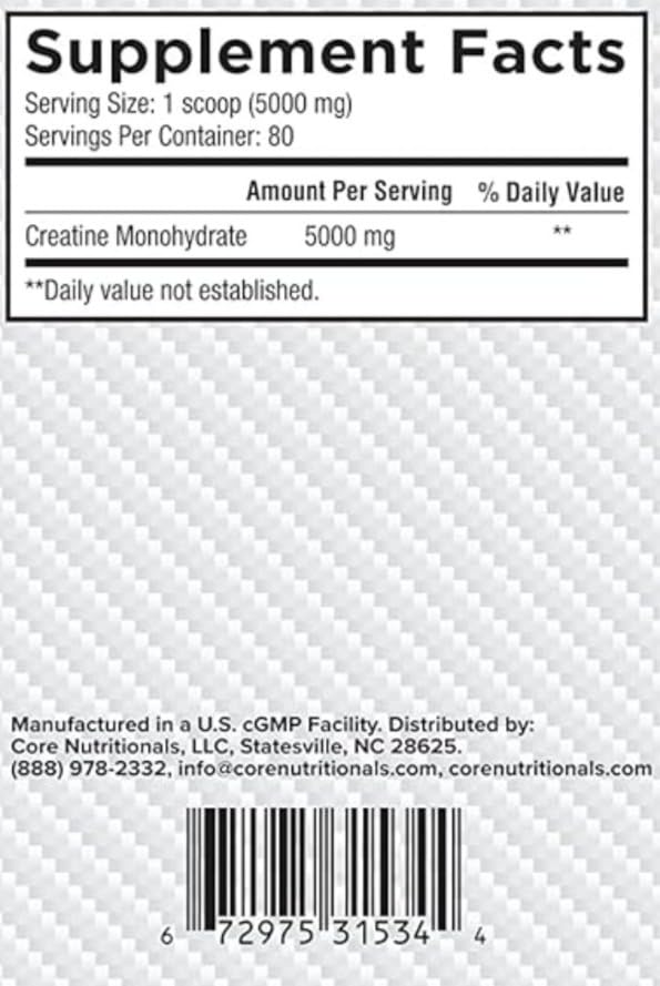Core Nutritionals Creatina Monohidrato: polvo fino listo para disolver en bebidas.