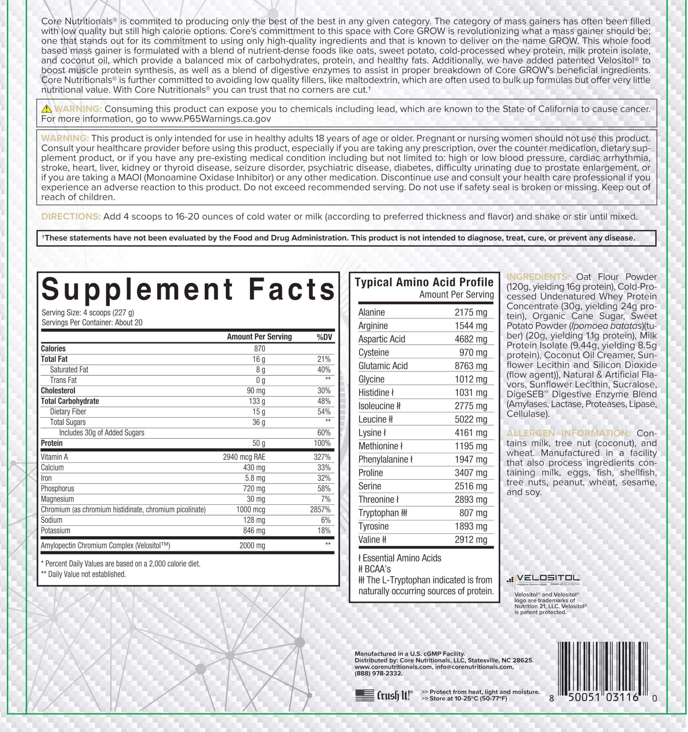 Core Nutritionals Grow Mass Gainer, ingredientes clave visibles en la etiqueta