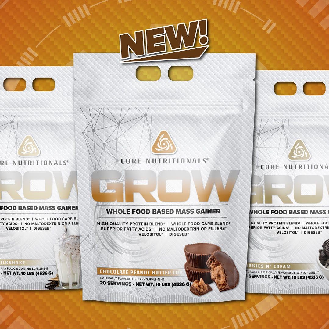 Core Nutritionals Grow Mass Gainer, preparación en vaso con sabor vainilla