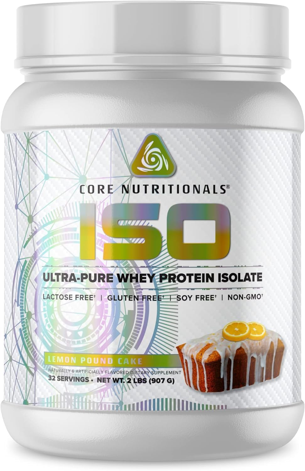 Core Nutritionals ISO: botella de aislado de suero con sabor limón pastel, ideal para post-entrenamiento.