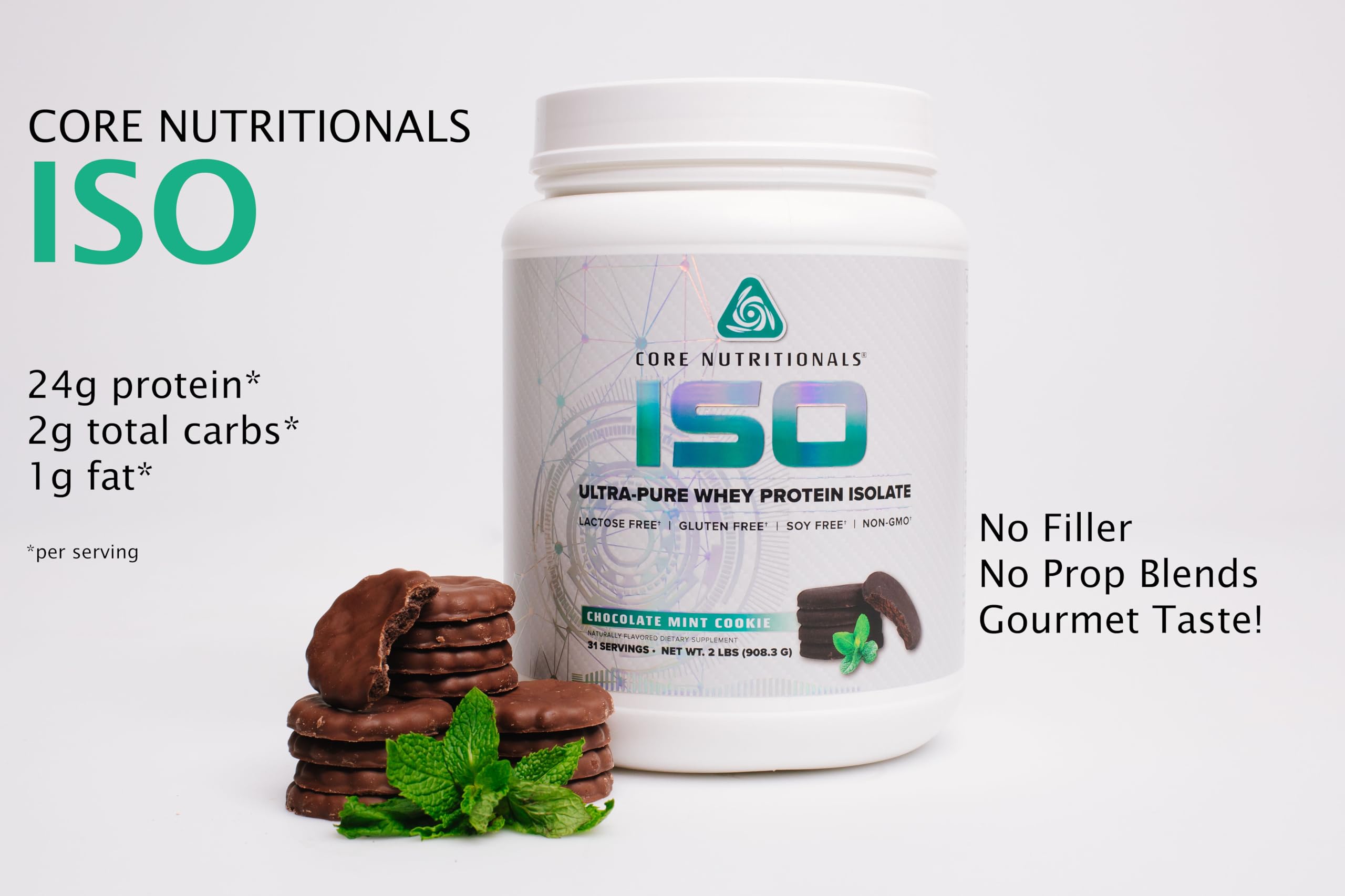 Core Nutritionals Iso Whey, taza derramando batido, sabor chocolate menta galleta.