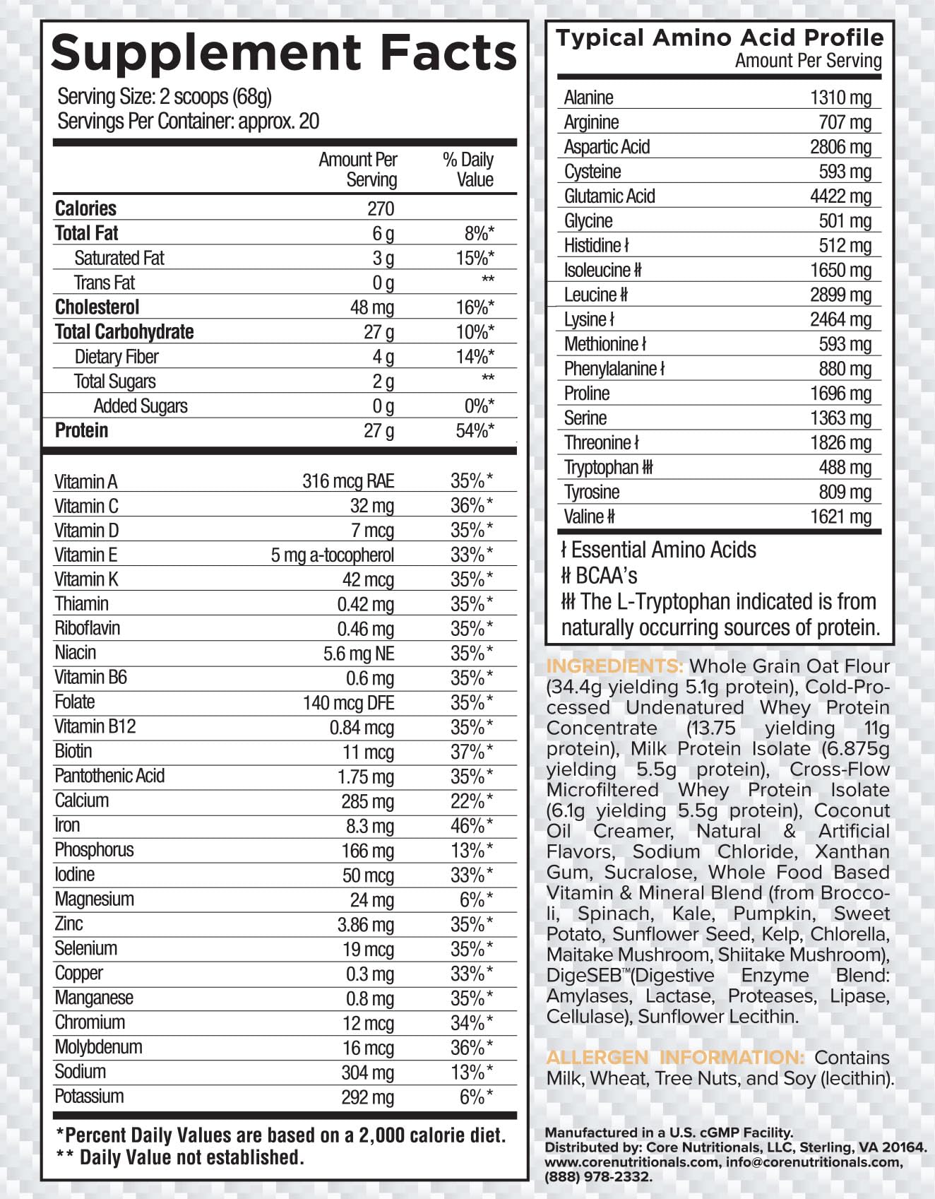 Core Nutritionals MRP, ingredientes clave como avena integral para fibra y soporte digestivo.