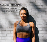 Core Nutritionals MRP, ingredientes naturales visibles como brocoli, kale y patata dulce.