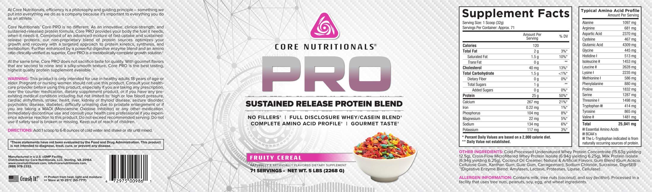 Core PRO mezcla proteína sabor cereal-fruta, muestra la etiqueta y el sabor para entrenamiento diario