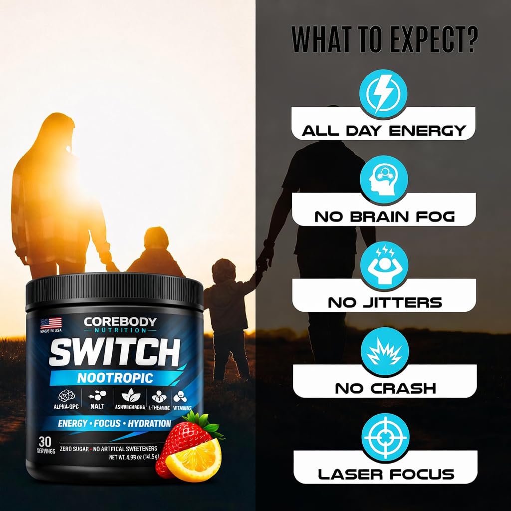 CoreBody Switch empaque-frontal: presentación limpia para empezar la mañana.