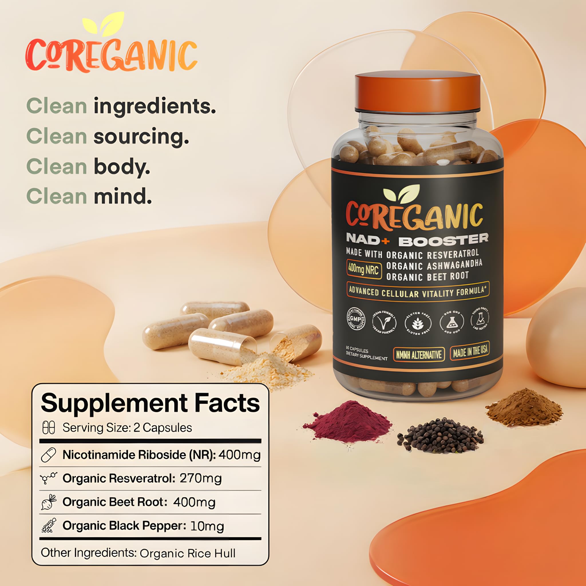 Producción GMP y pruebas de terceros en EE. UU. para Coreganic Clean NAD+.