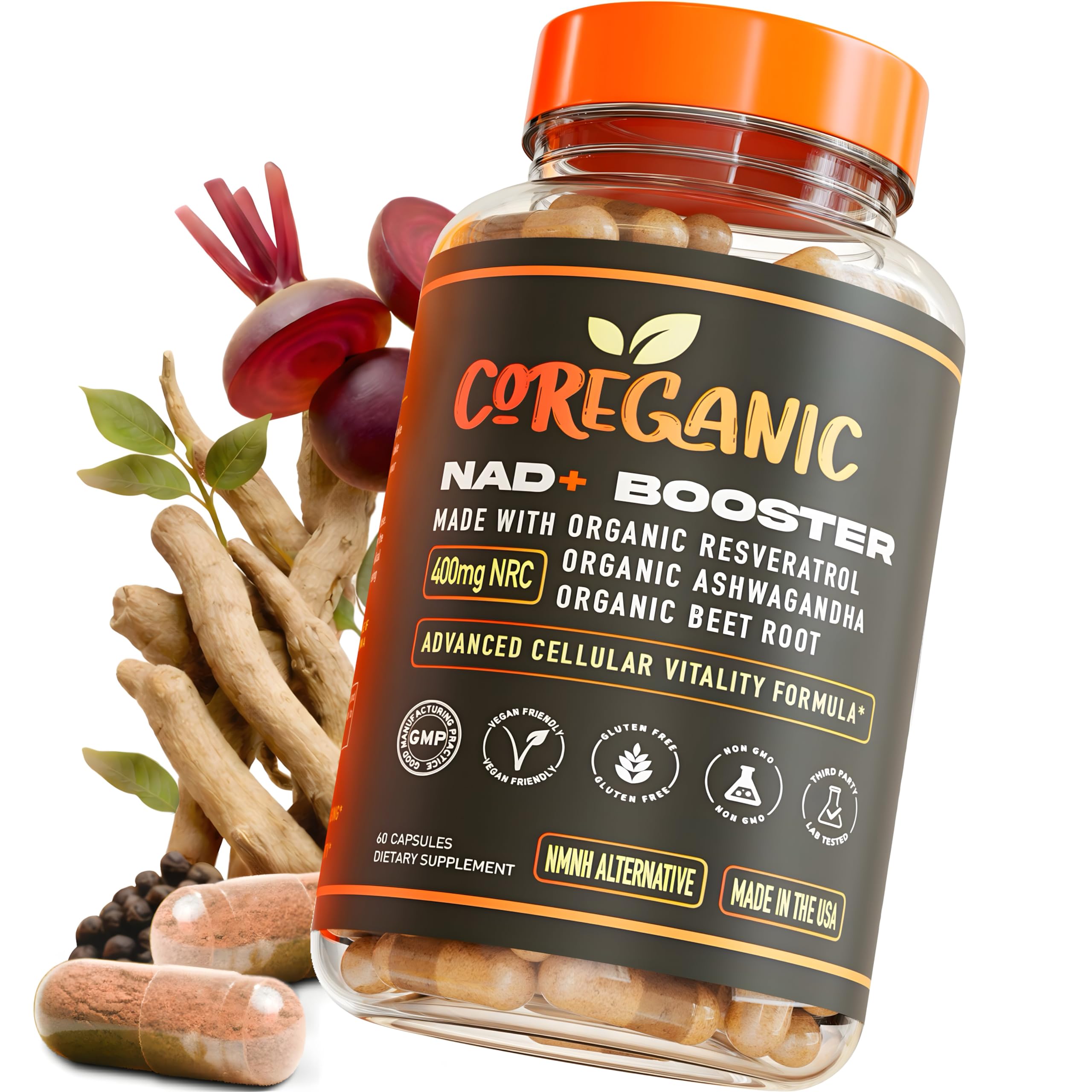 Coreganic Clean NAD+ botella frontal para energía diaria y enfoque estable.