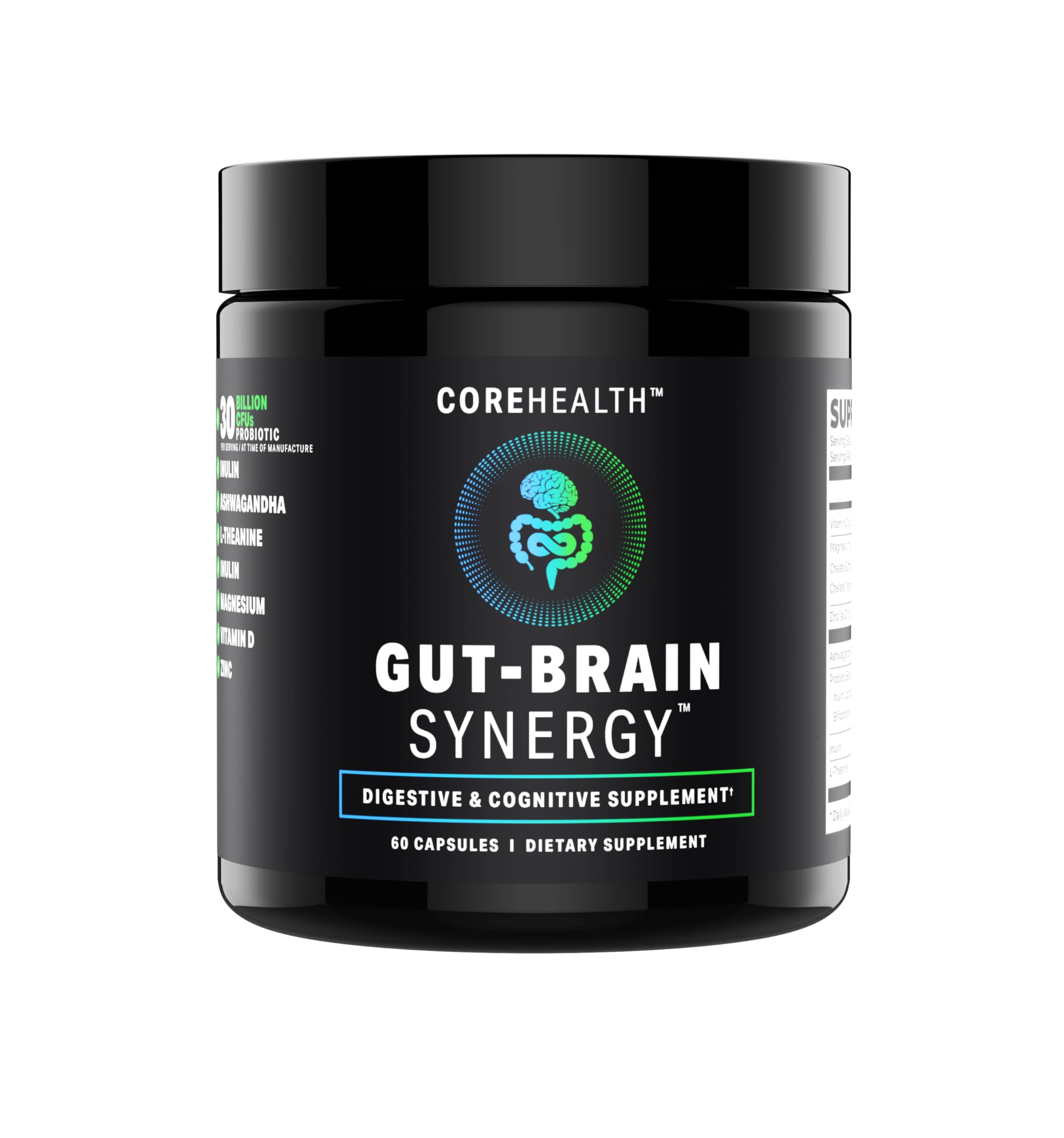 COREHEALTH sinergia intestino-cerebro: botella visible para equilibrio digestivo y bienestar emocional