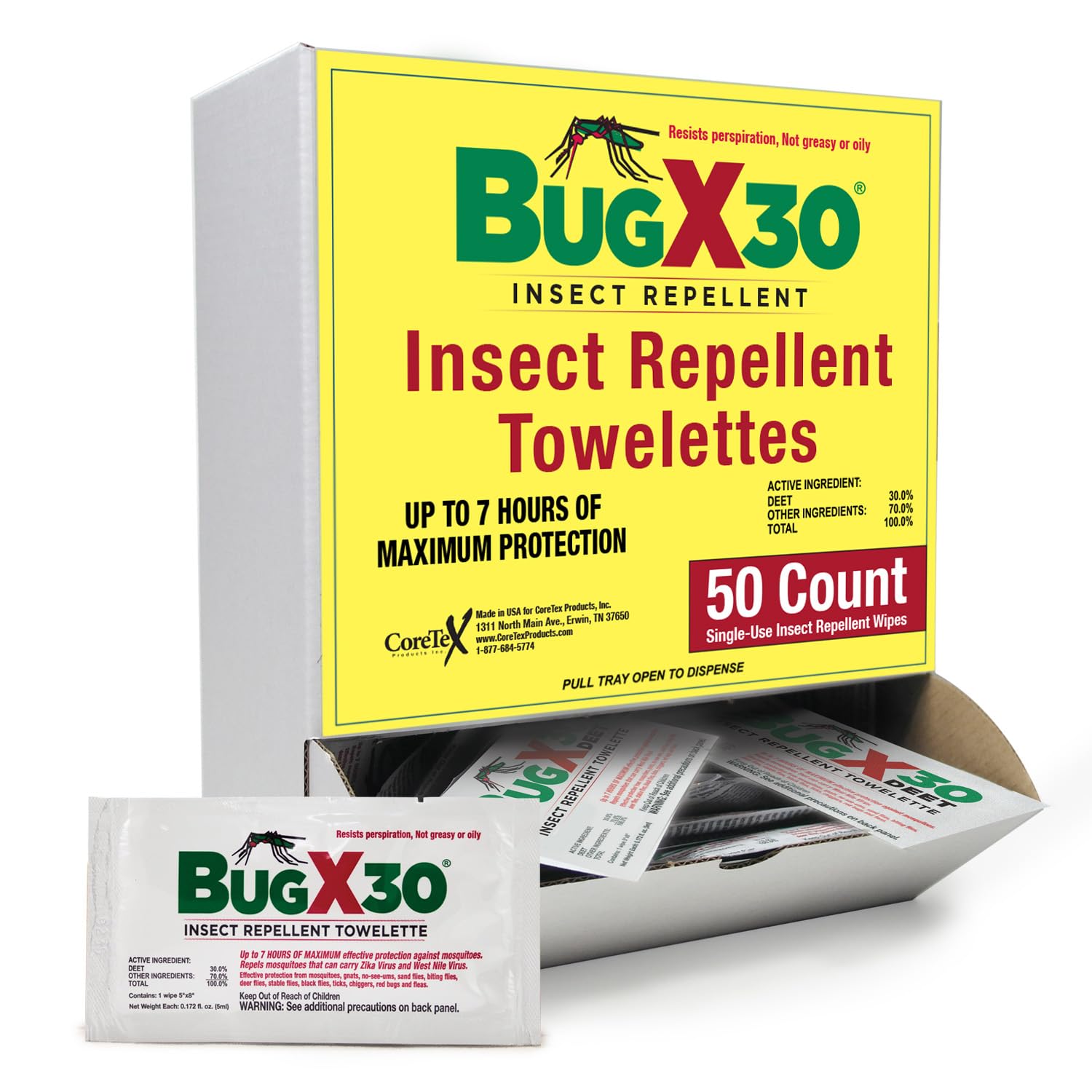 CoreTex Bug X 30: toallitas DEET al 30% en empaque de 50 para protección prolongada.