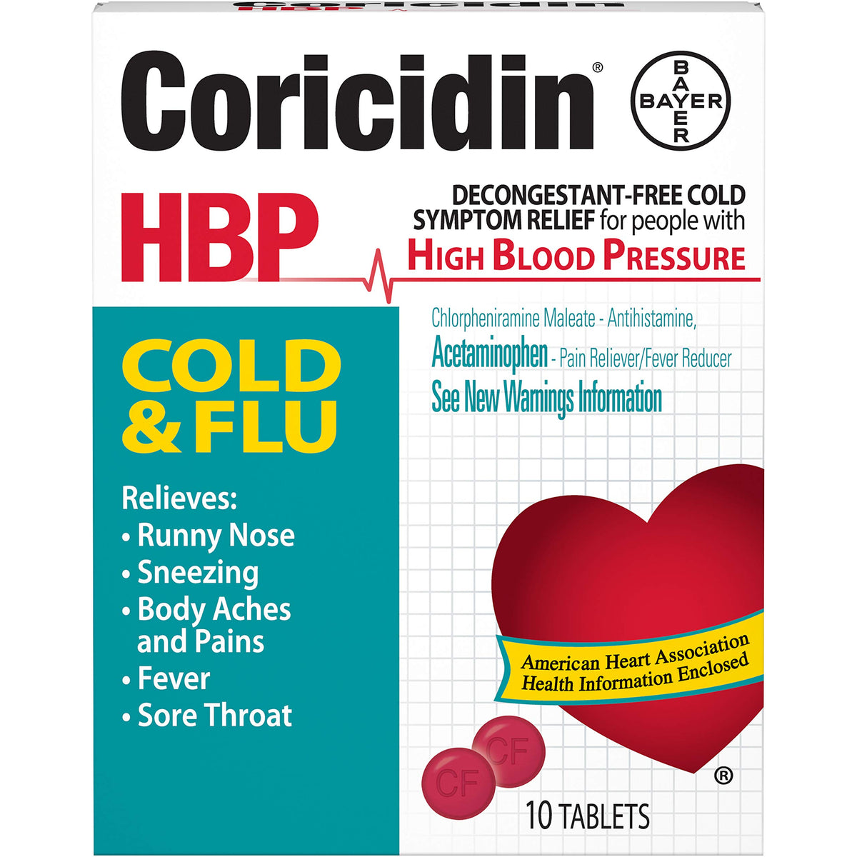 Coricidin HBP botella de comprimidos, alivio para resfriado manteniendo la presión arterial.