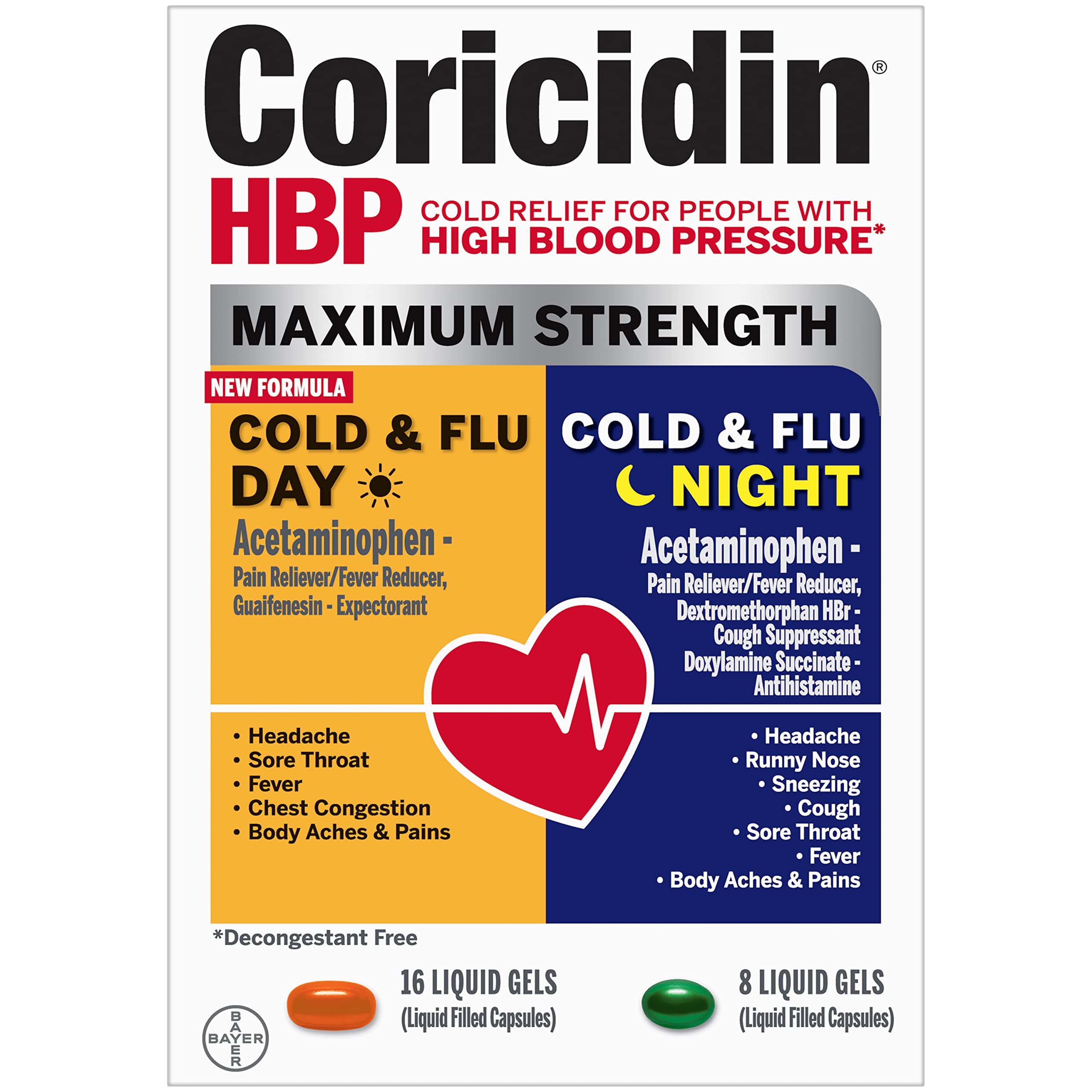Coricidin HBP: botella dosis diurna, alivio diario sin descongestionante.