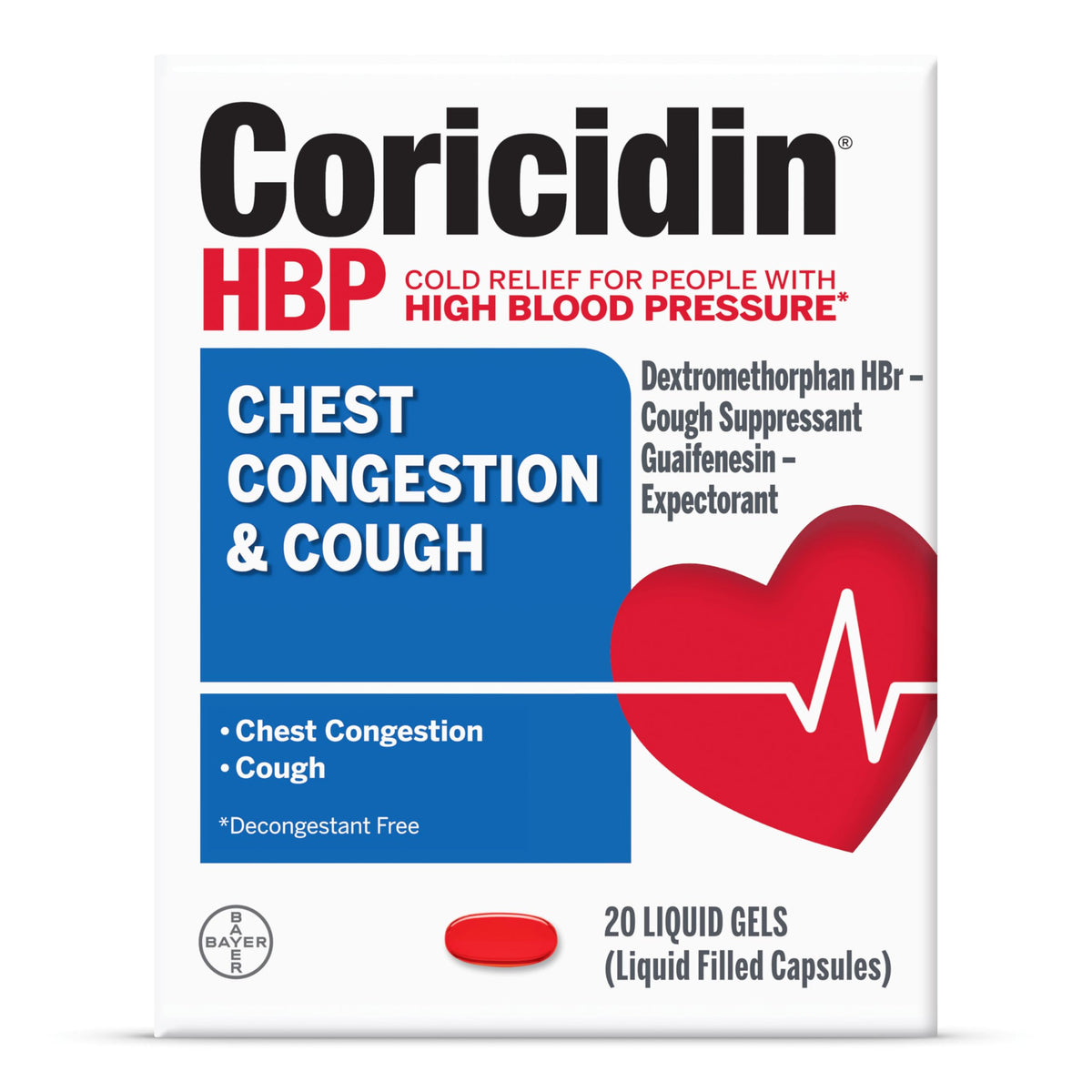 Coricidin HBP – botella frontal, pensado para uso durante un resfriado.