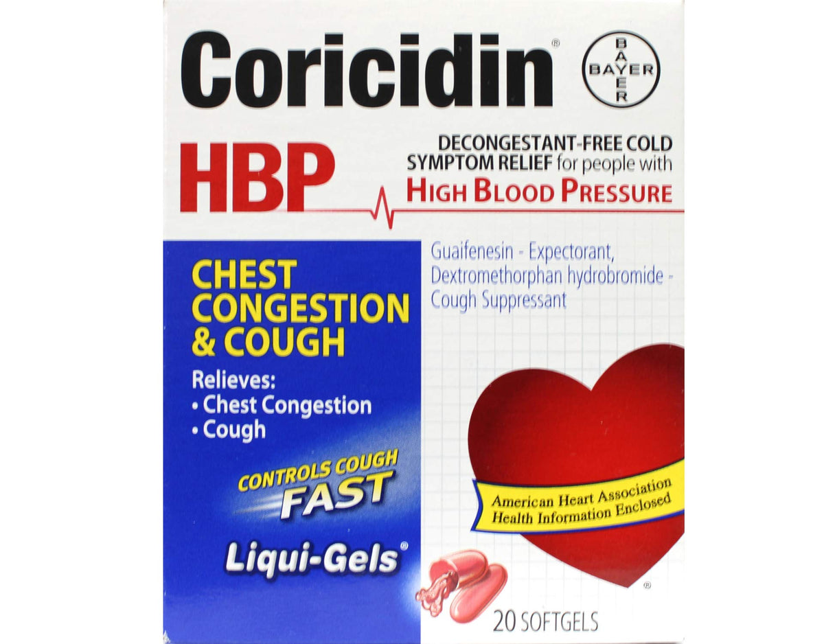 Coricidin HBP liquigels botella, alivio de congestión sin descongestionantes.