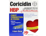 Coricidin HBP liquigels botella, alivio de congestión sin descongestionantes.
