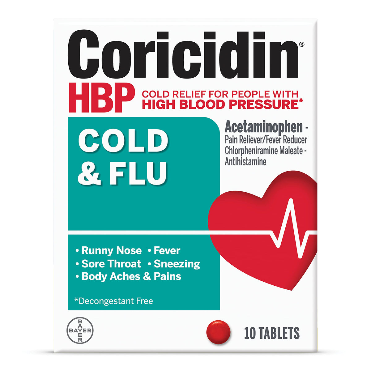 Coricidin HBP tabletas para resfriado, alivio de fiebre y dolor.