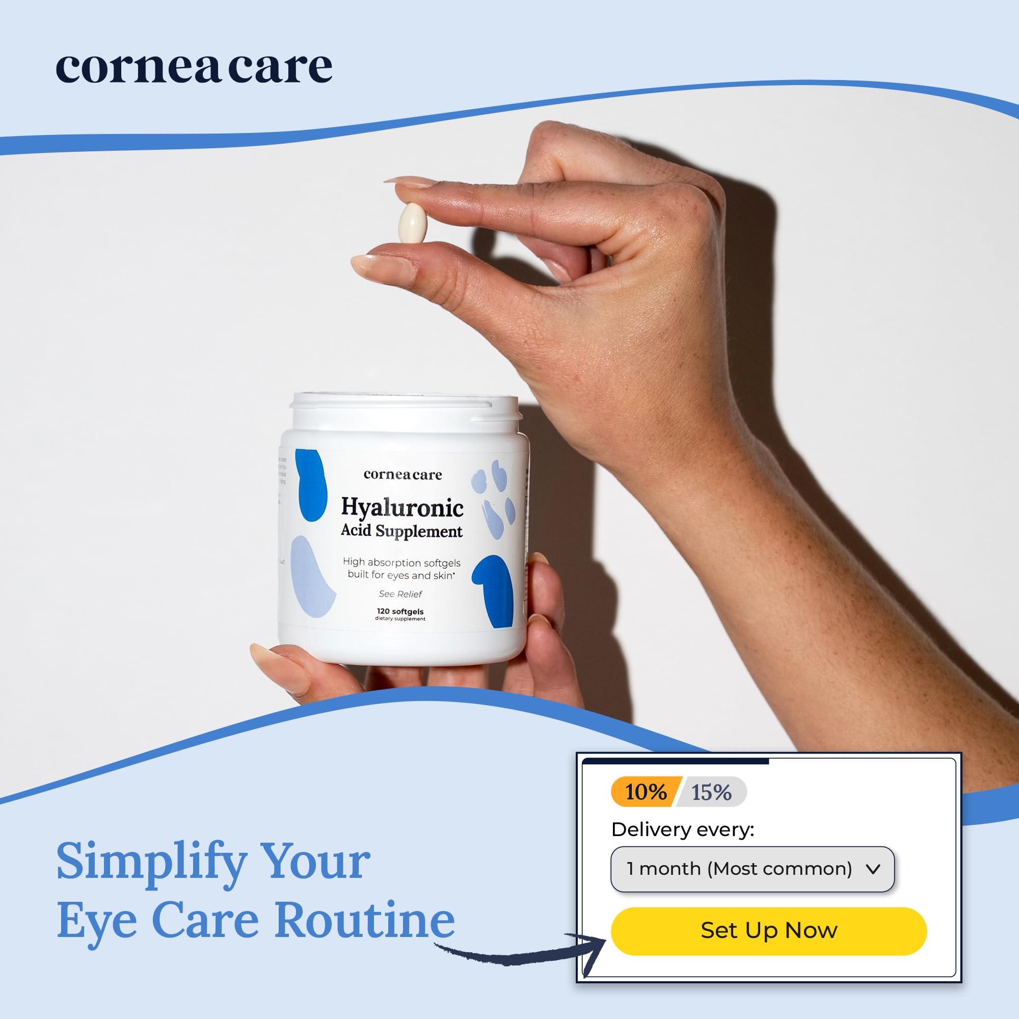 CorneaCare: cápsulas en mano muestran dosis diaria para hidratación ocular.