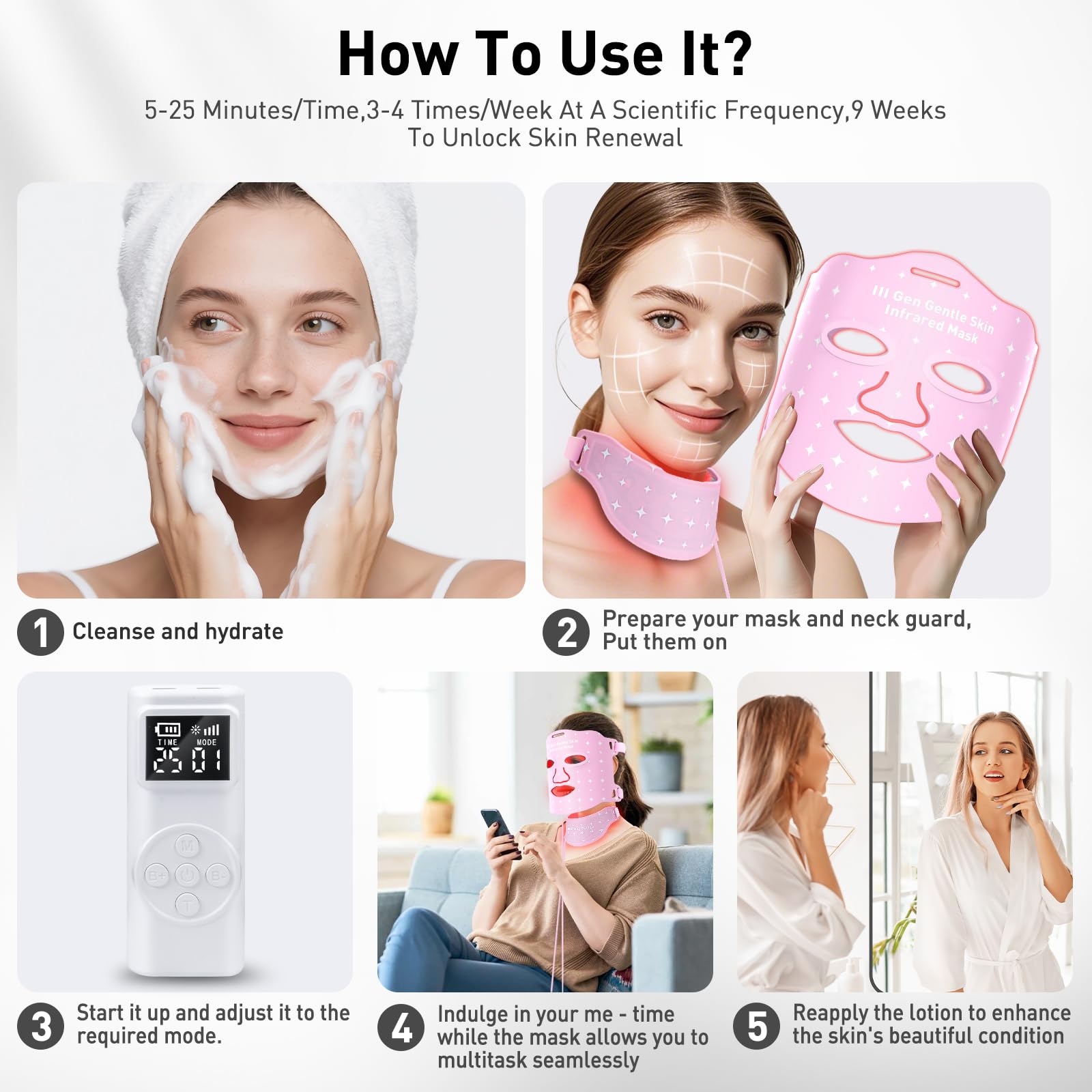 Coroever experiencia de cuidado facial nocturno con temporizadores de 5 a 25 minutos.