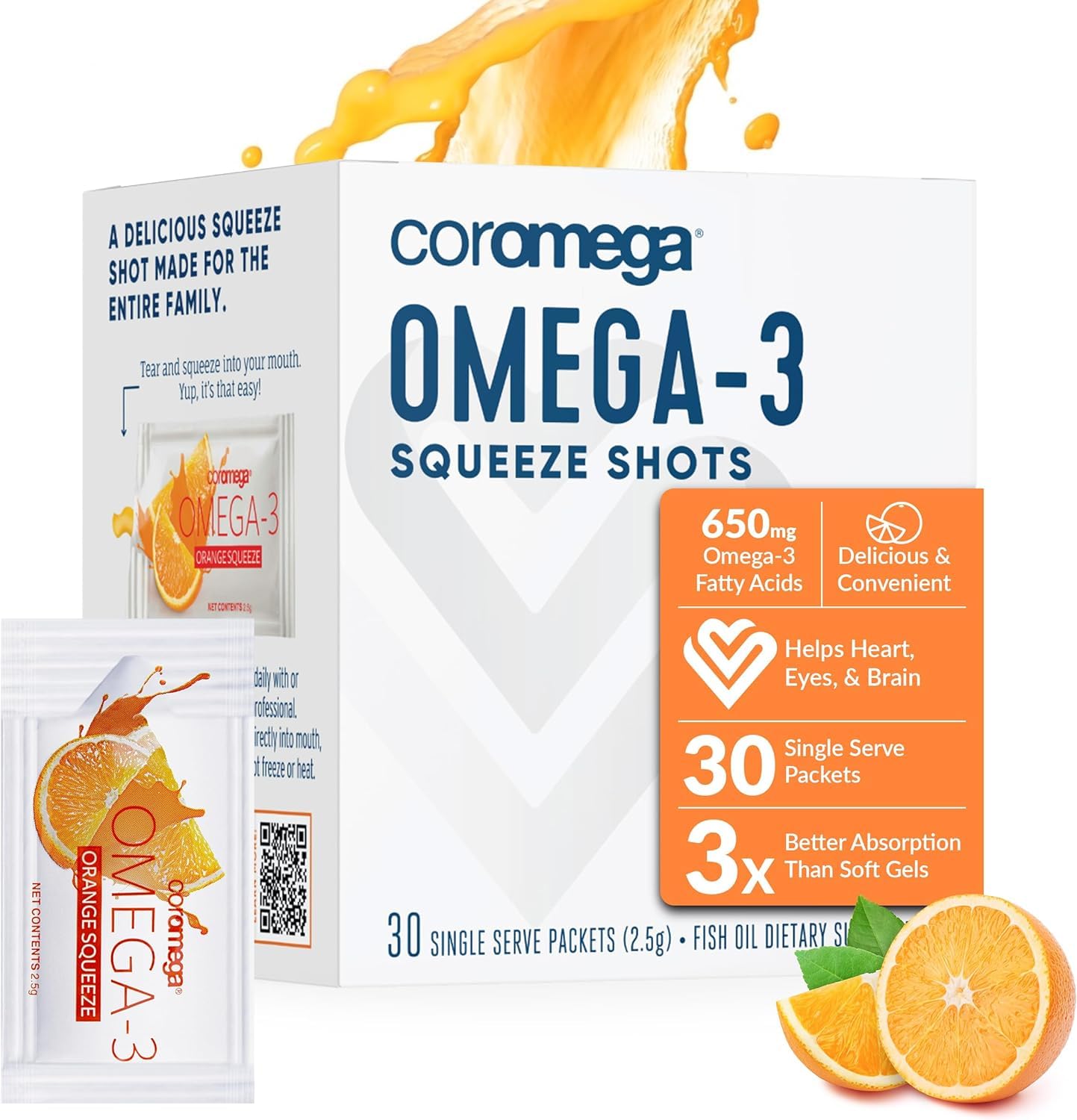 Coromega paquetes exprimibles naranjas para dosis diaria fácil y sabor cítrico.