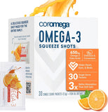 Coromega paquetes exprimibles naranjas para dosis diaria fácil y sabor cítrico.