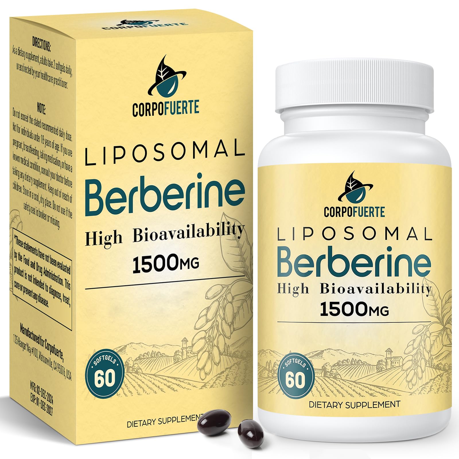 Corpofuerte Liposomal Berberina HCl 1500 mg en botella para equilibrio diario.