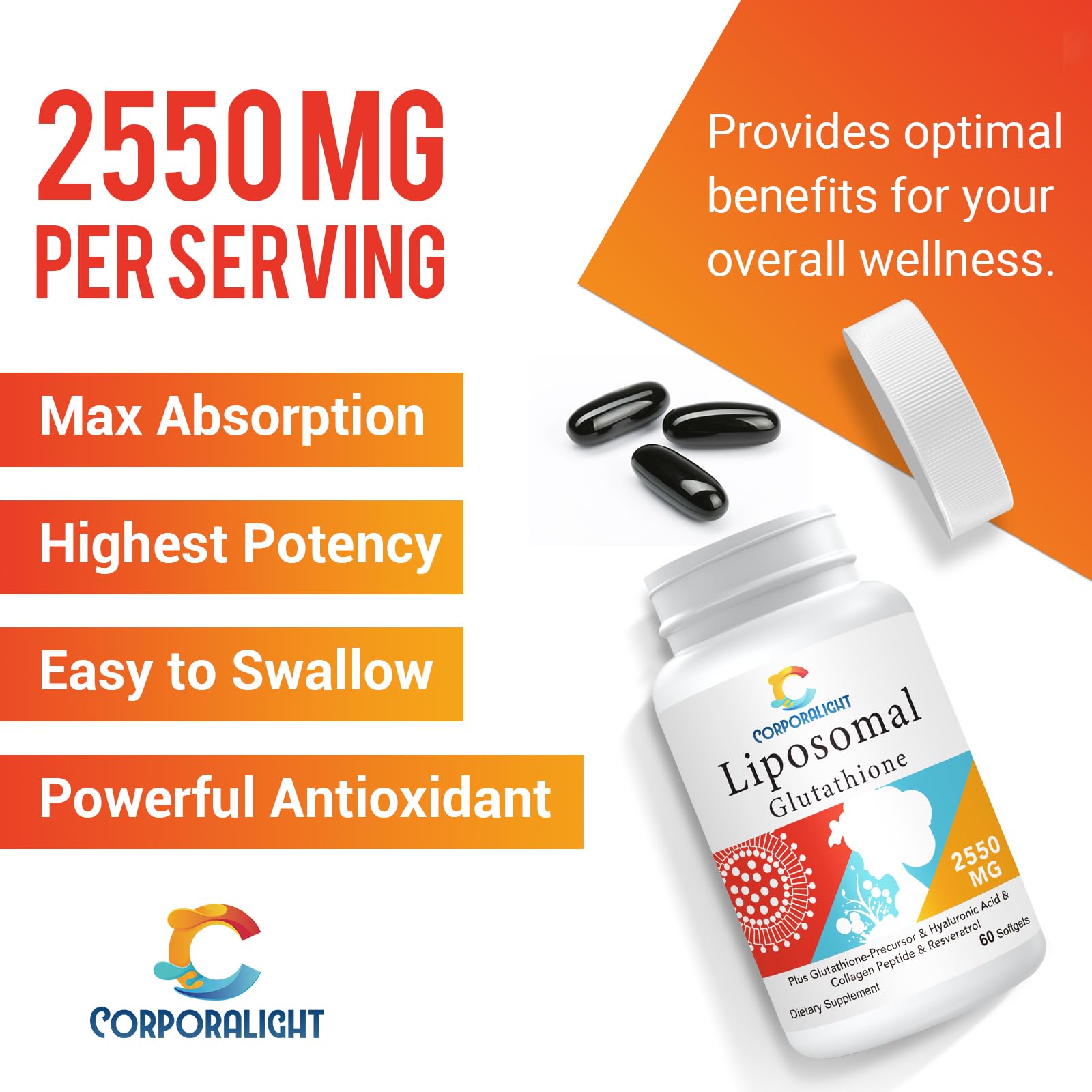 CORPORALIGHT liposómico glutatión, caja, presentación premium sin gluten.