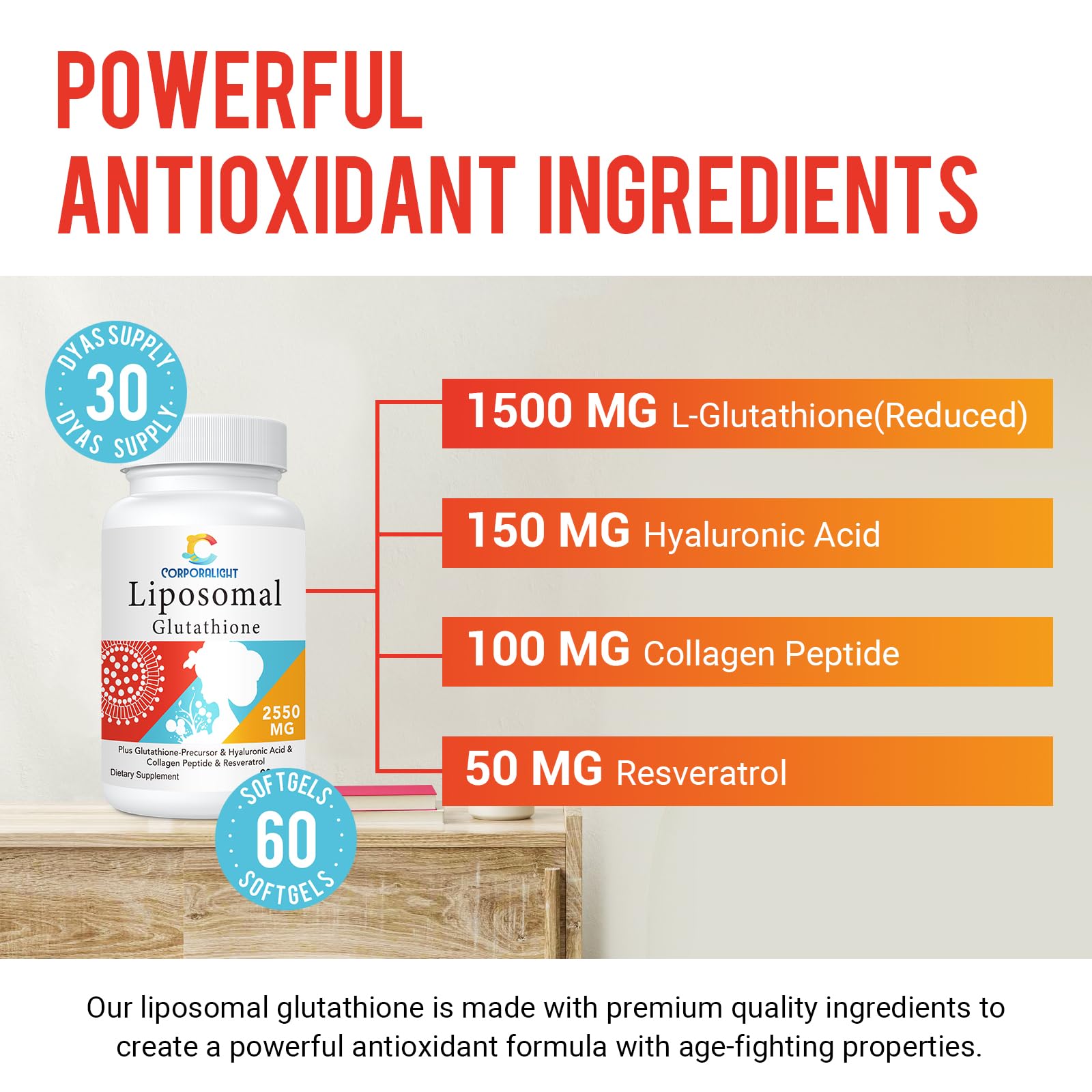 CORPORALIGHT liposómico glutatión, ingredientes, resveratrol, péptido de colágeno y ácido hialurónico.