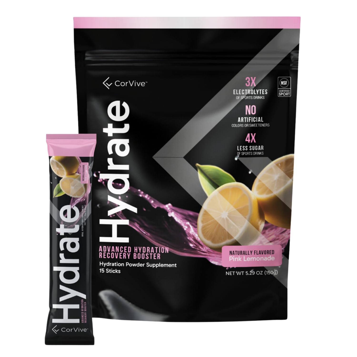 CorVive Hydrate: empaque frontal, sabor rosa limón, ideal para rehidratar durante entrenamientos.