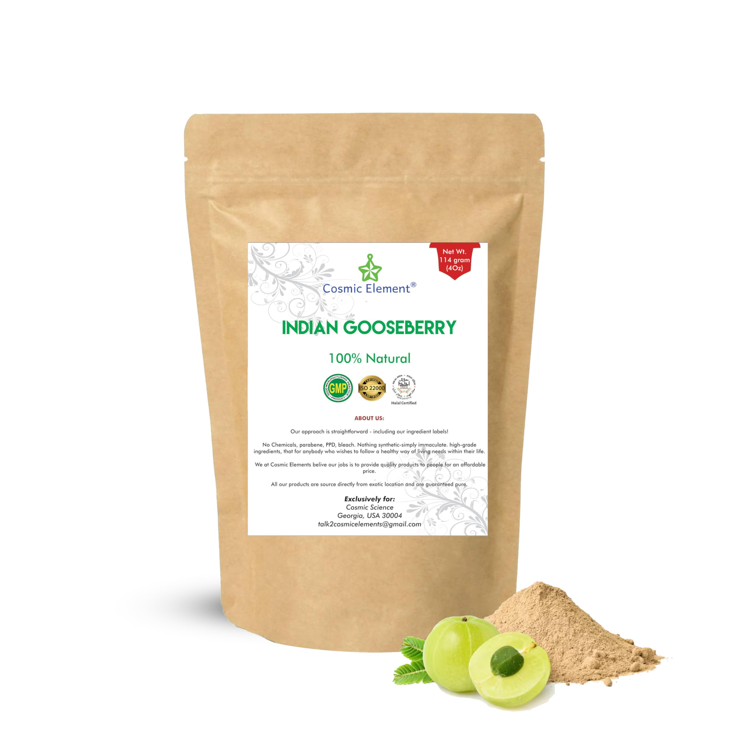 Cosmic Element: envase de polvo de amla orgánico, opción sostenible para la rutina diaria.