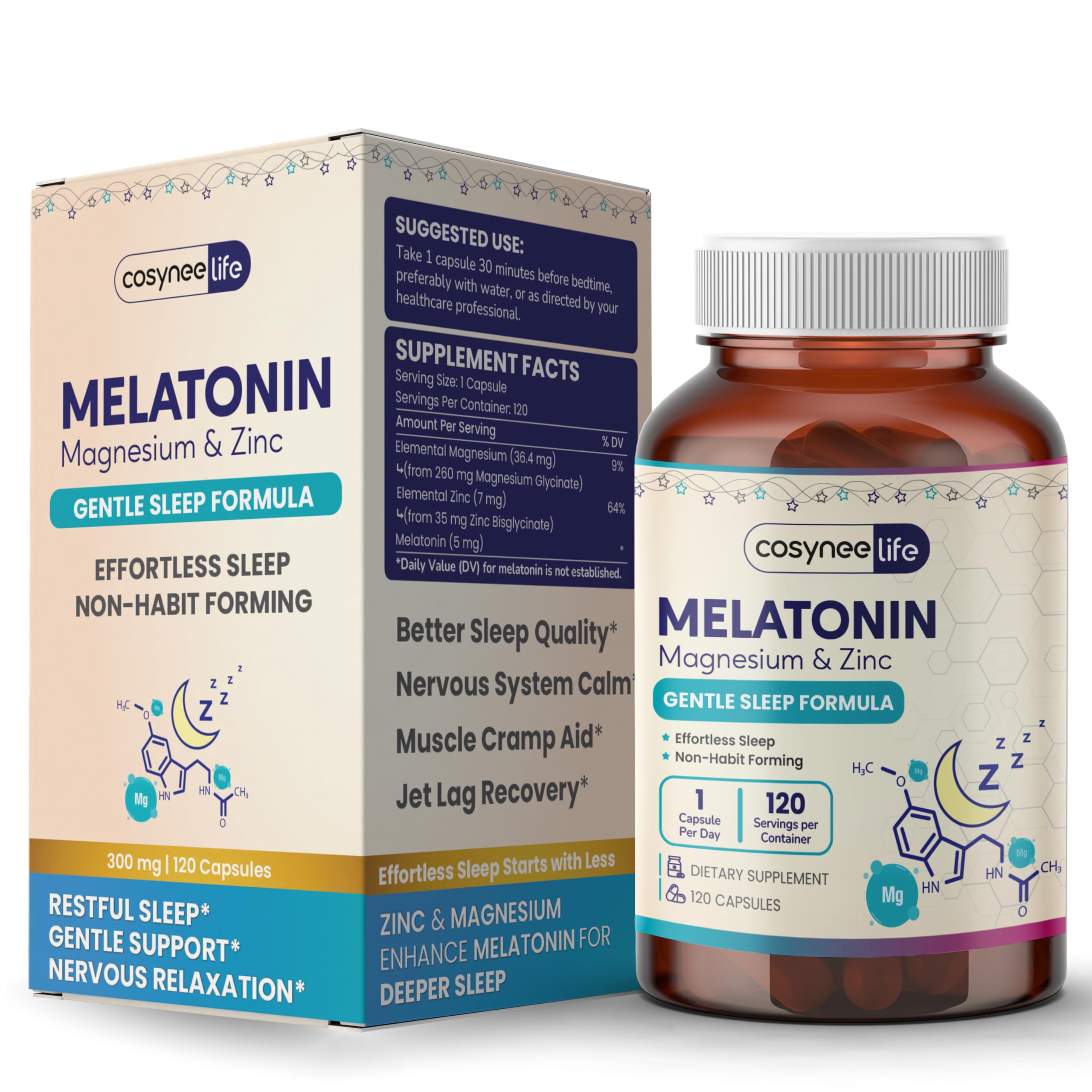 Cosynee Life Melatonina 5mg con magnesio en cápsulas, botella para dormir mejor