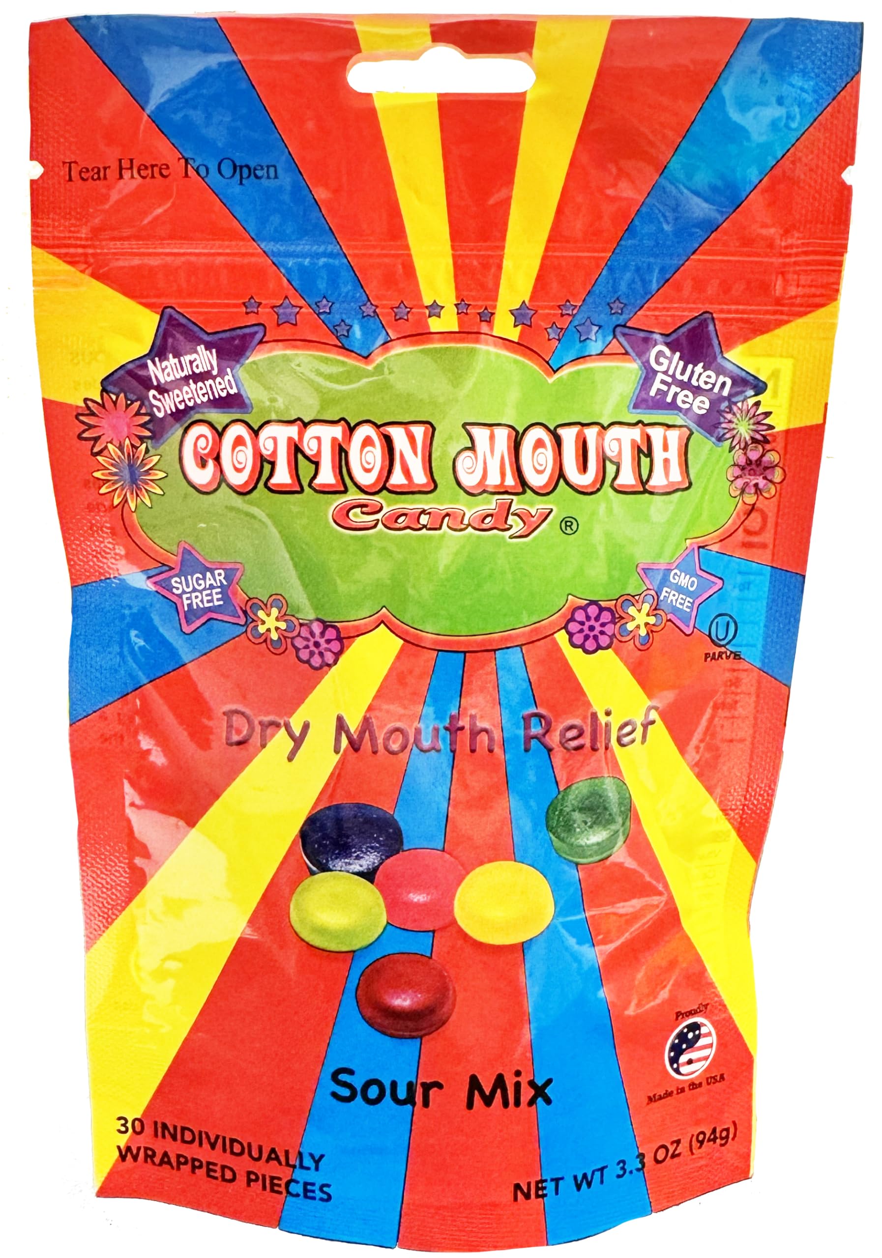 Cotton Mouth Candy Fruta Mix en bolsa de 3.3 oz para alivio de boca seca.