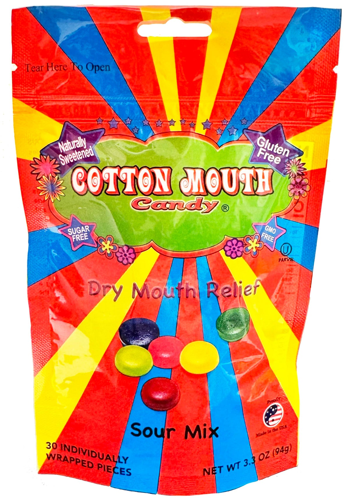Cotton Mouth Candy Fruta Mix en bolsa de 3.3 oz para alivio de boca seca.