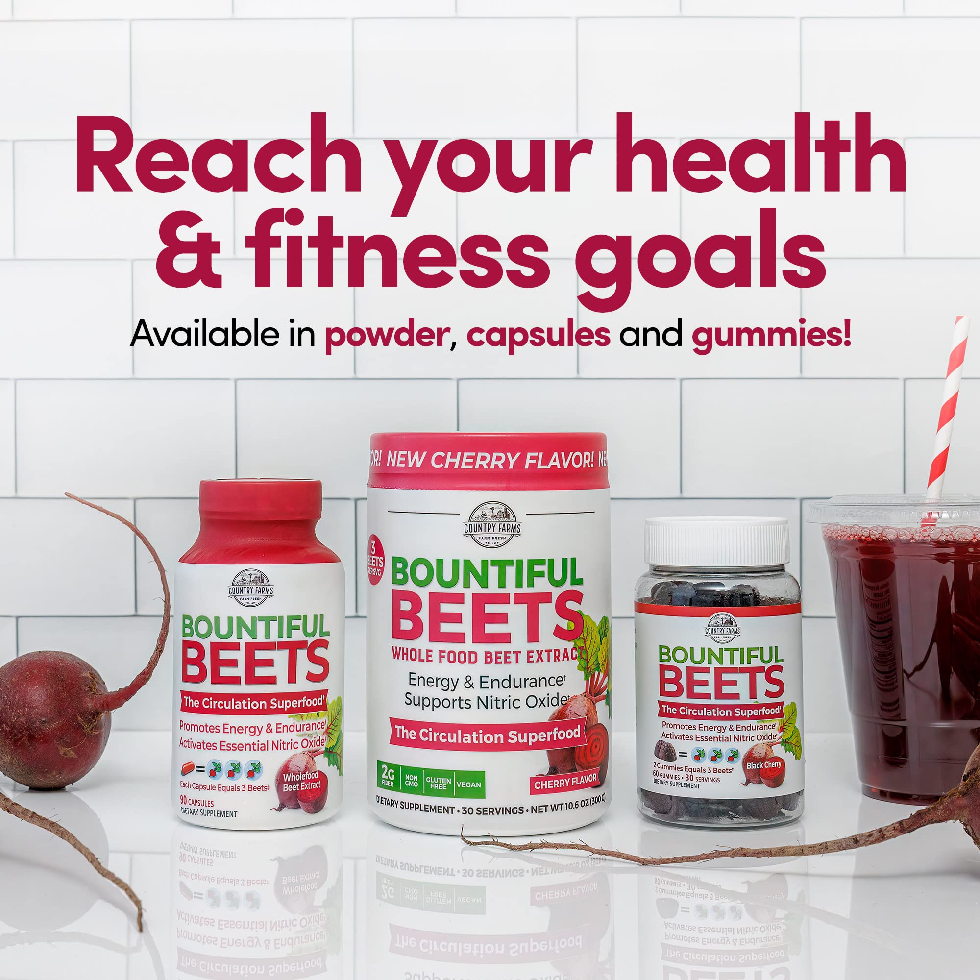 Etiqueta clara en frasco Country Farms Bountiful Beets Powder para uso diario.