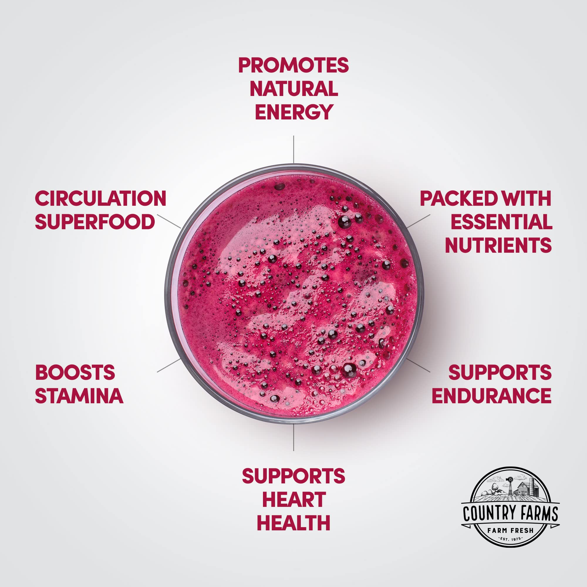 Polvo de cereza Country Farms Bountiful Beets, sabor natural para batidos.