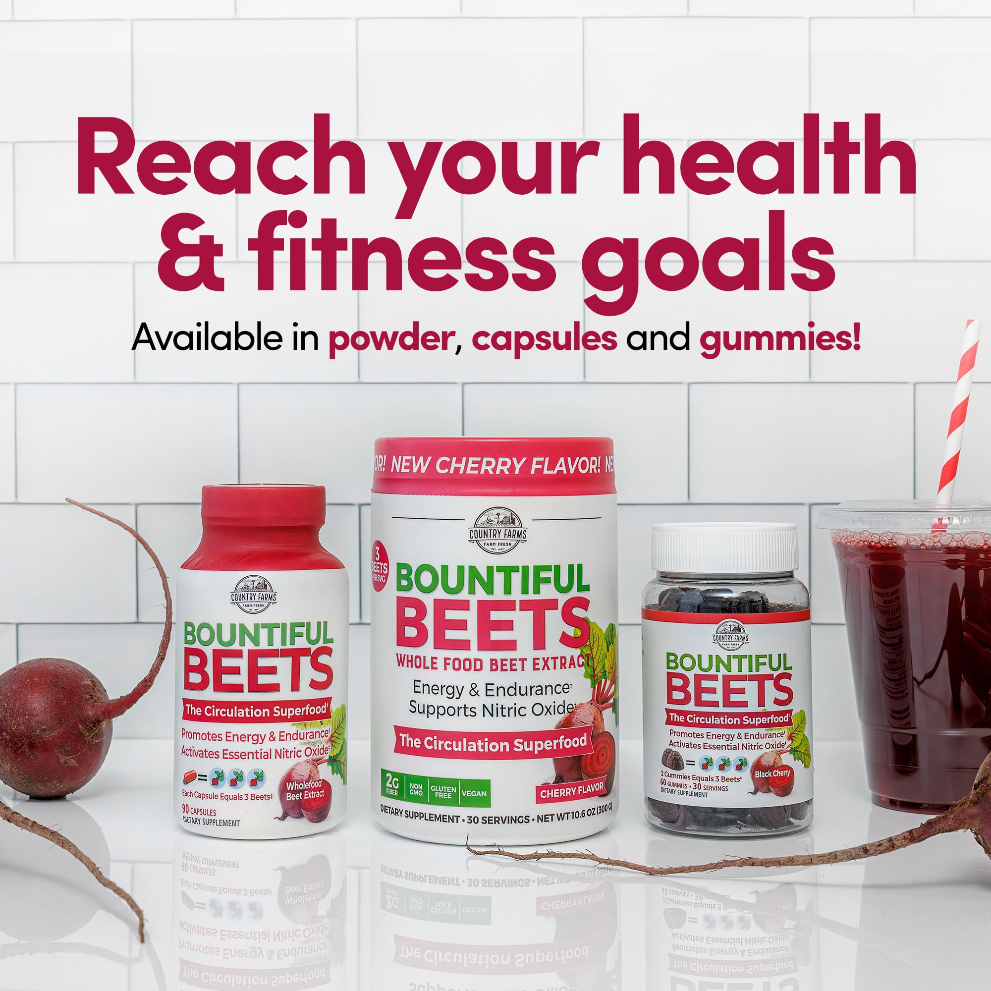Muestra uso diario fácil de Country Farms Bountiful Beets para energia y circulación.