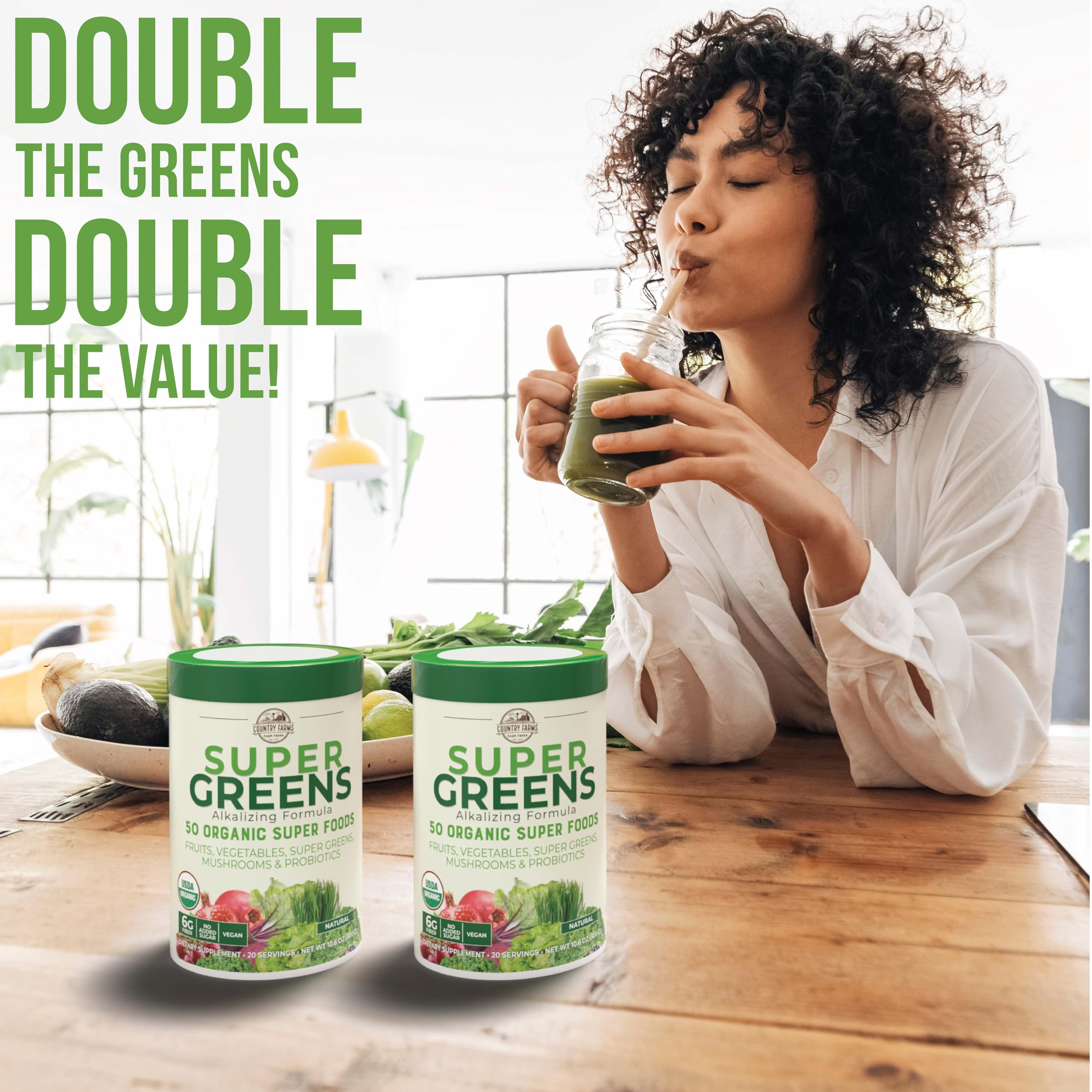 Country Farms Super Greens, batido en vaso, fibra y probióticos para digestión suave.