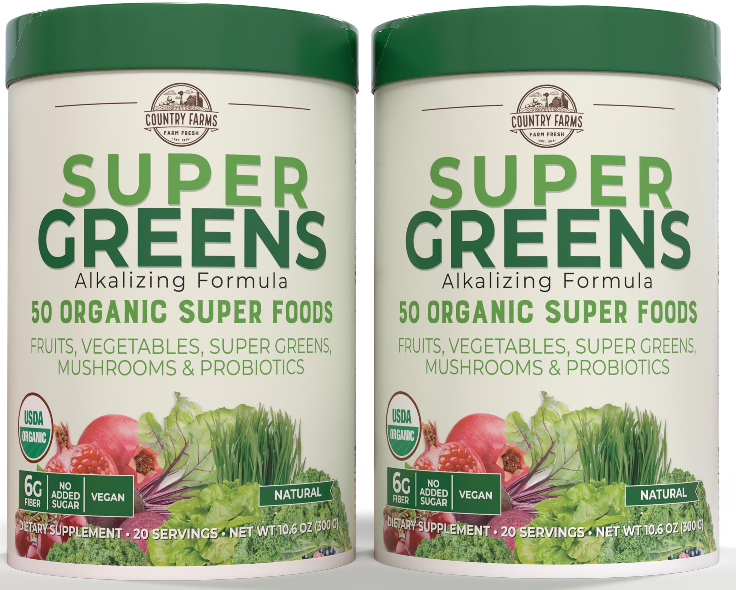 Country Farms Super Greens, botella frontal, aporta energía suave para la mañana.