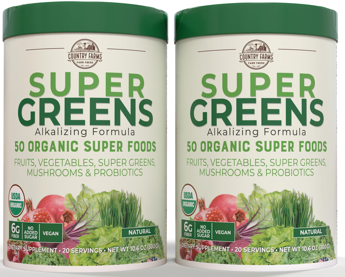 Country Farms Super Greens, botella frontal, aporta energía suave para la mañana.