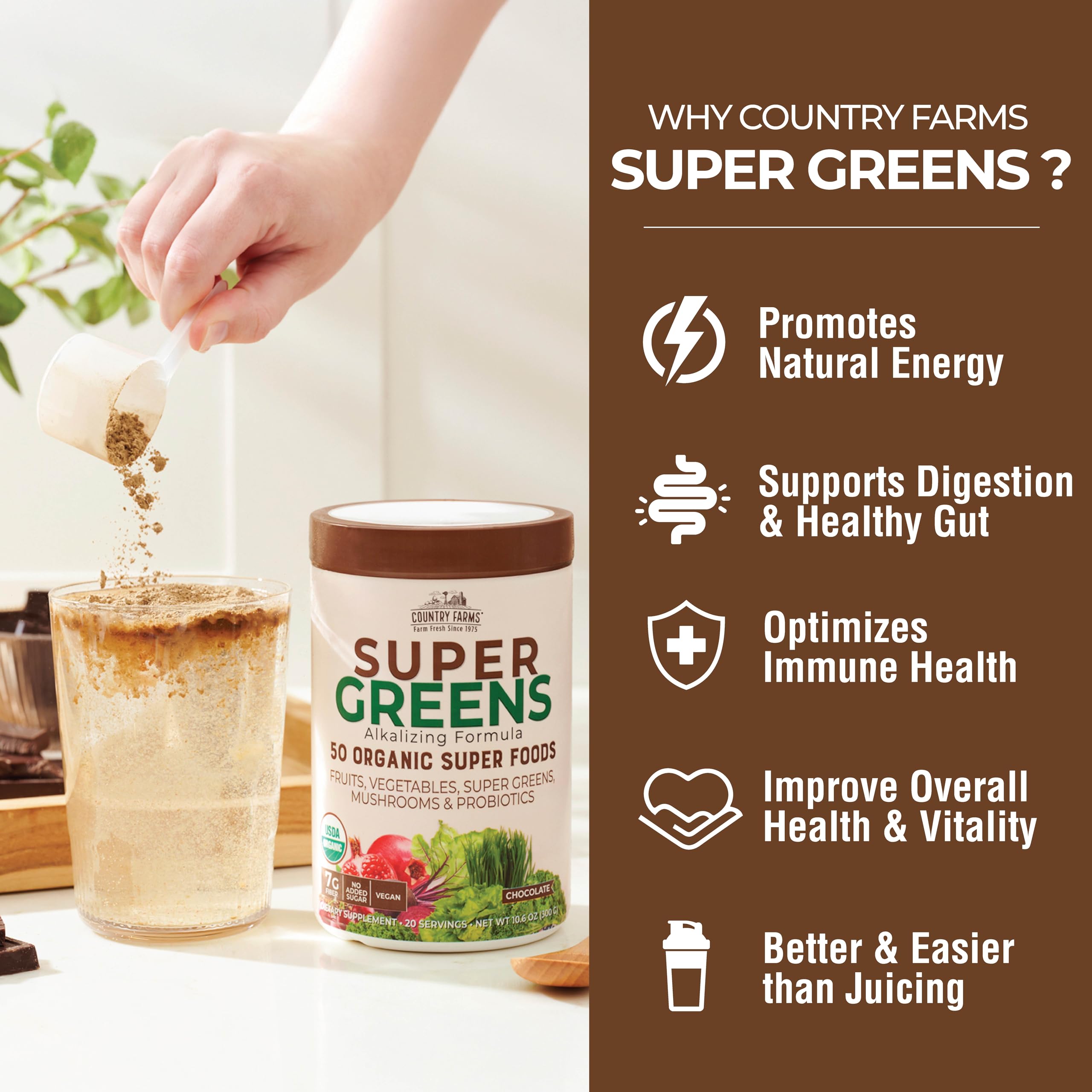 Country Farms Super Greens Chocolate: soporte digestivo con fibra y probióticos para el día.