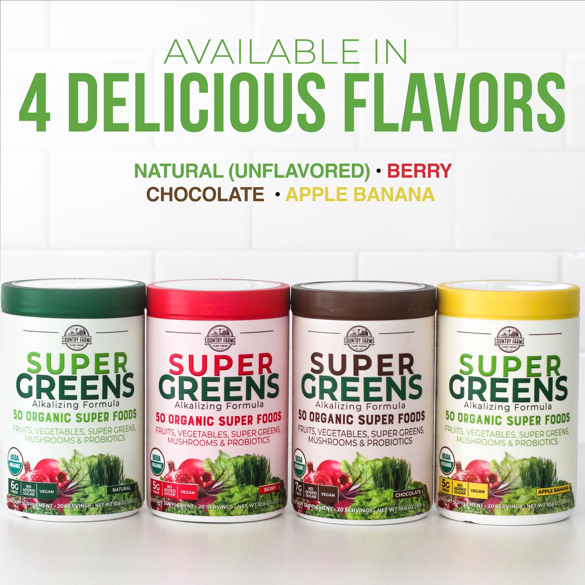 Country Farms Super Greens Chocolate: mezcla conveniente para smoothies y bebidas sin esfuerzo.